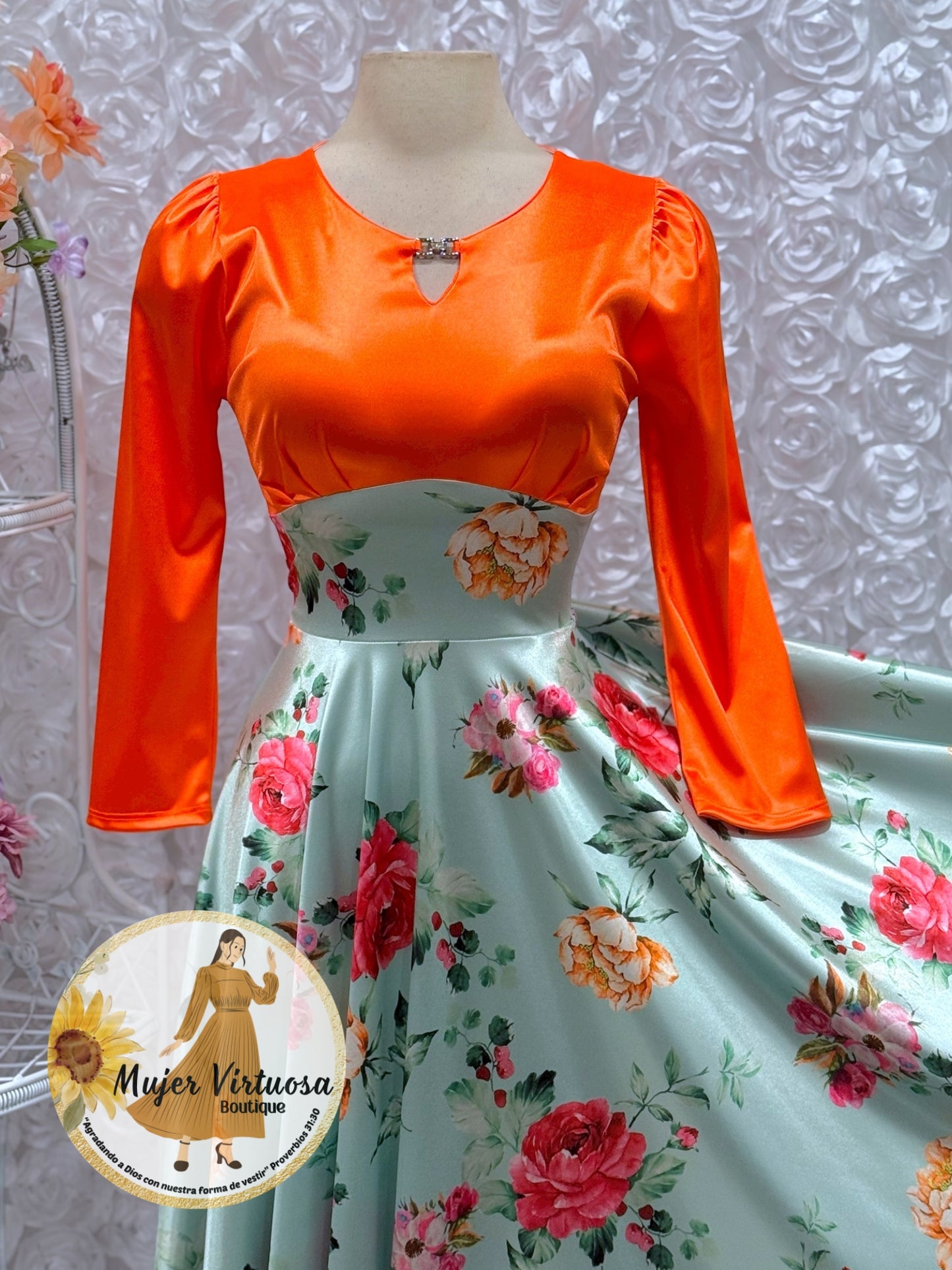 Heidi Orange/Green Satin Dress