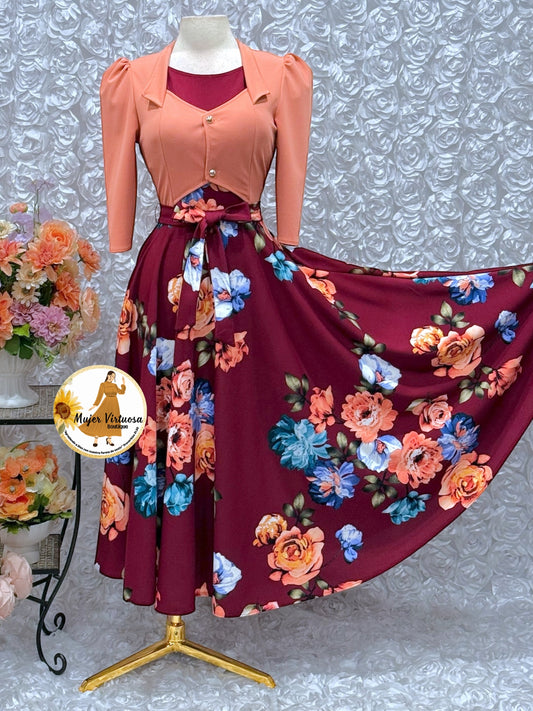 Salmon/Burgundy Floral Vest Dress