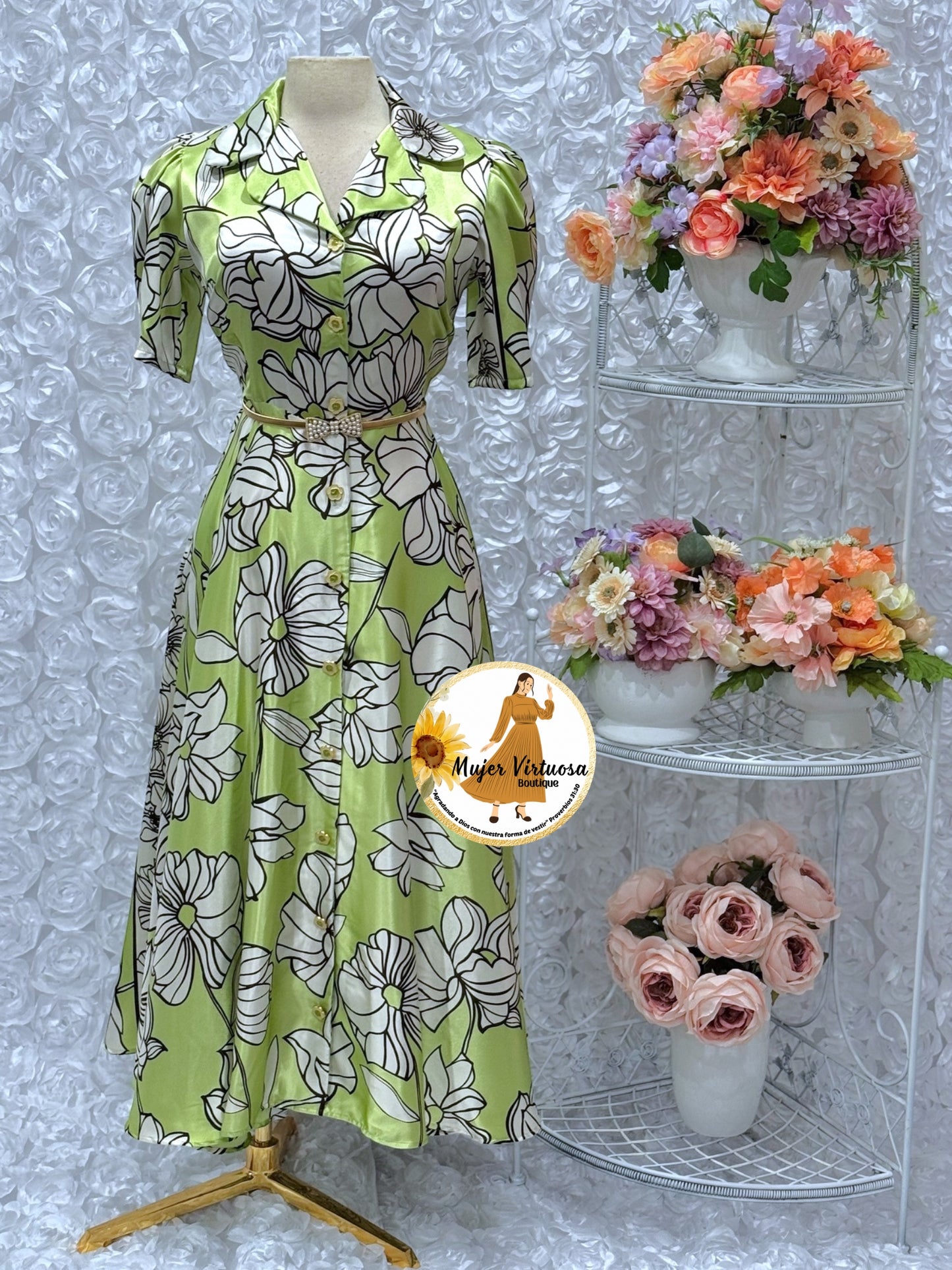 Jimena Lime Floral Satin Dress