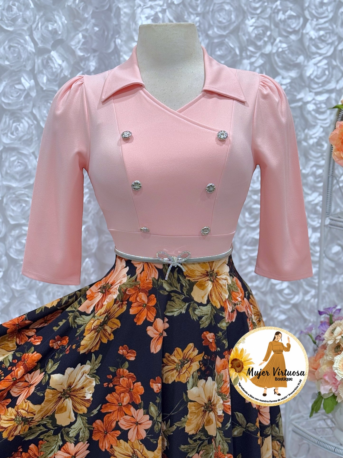 Frida Peach & Navy Floral Dress