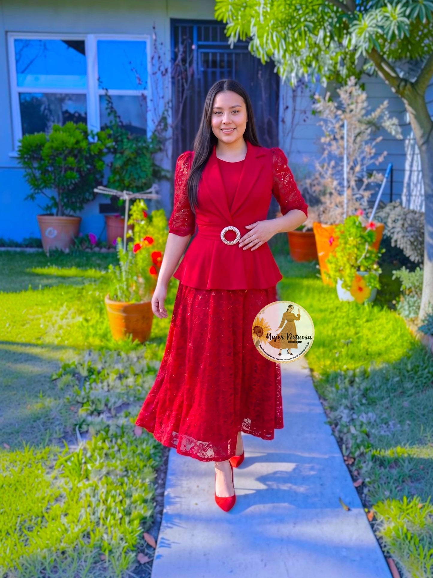 Mayra Red Crepe & Lace Dress
