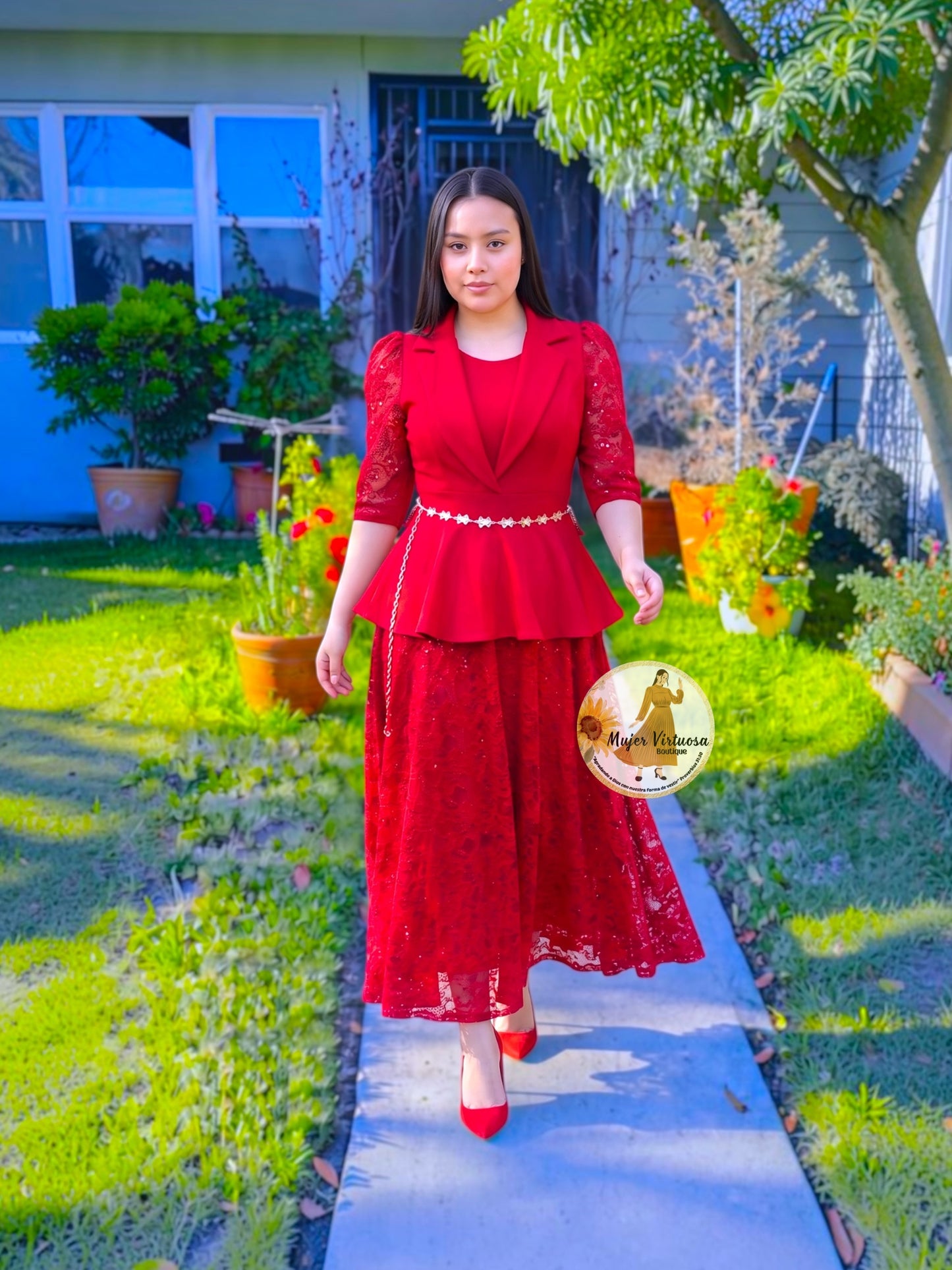 Mayra Red Crepe & Lace Dress