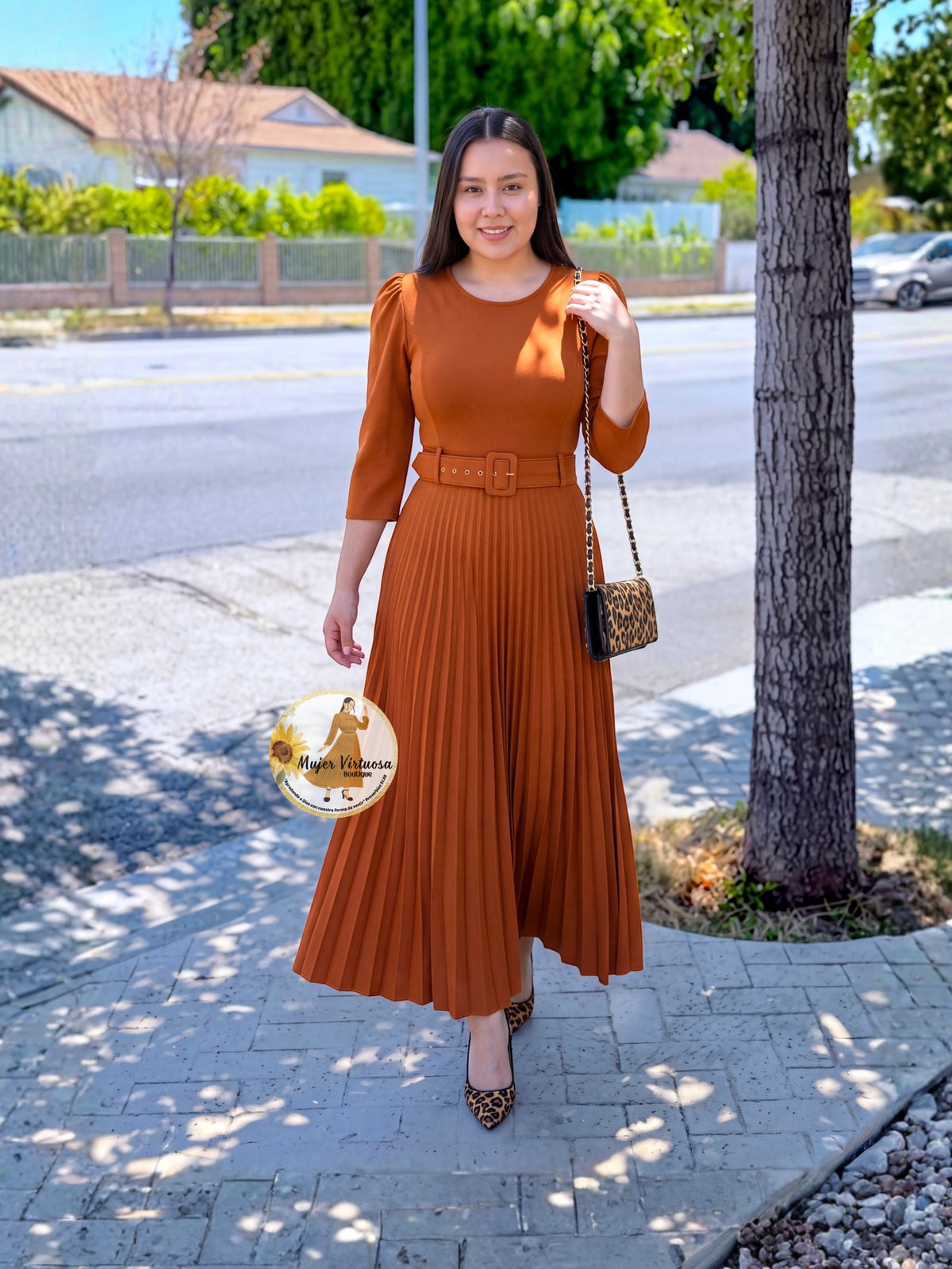 Sheila Cognac Pleated Dress