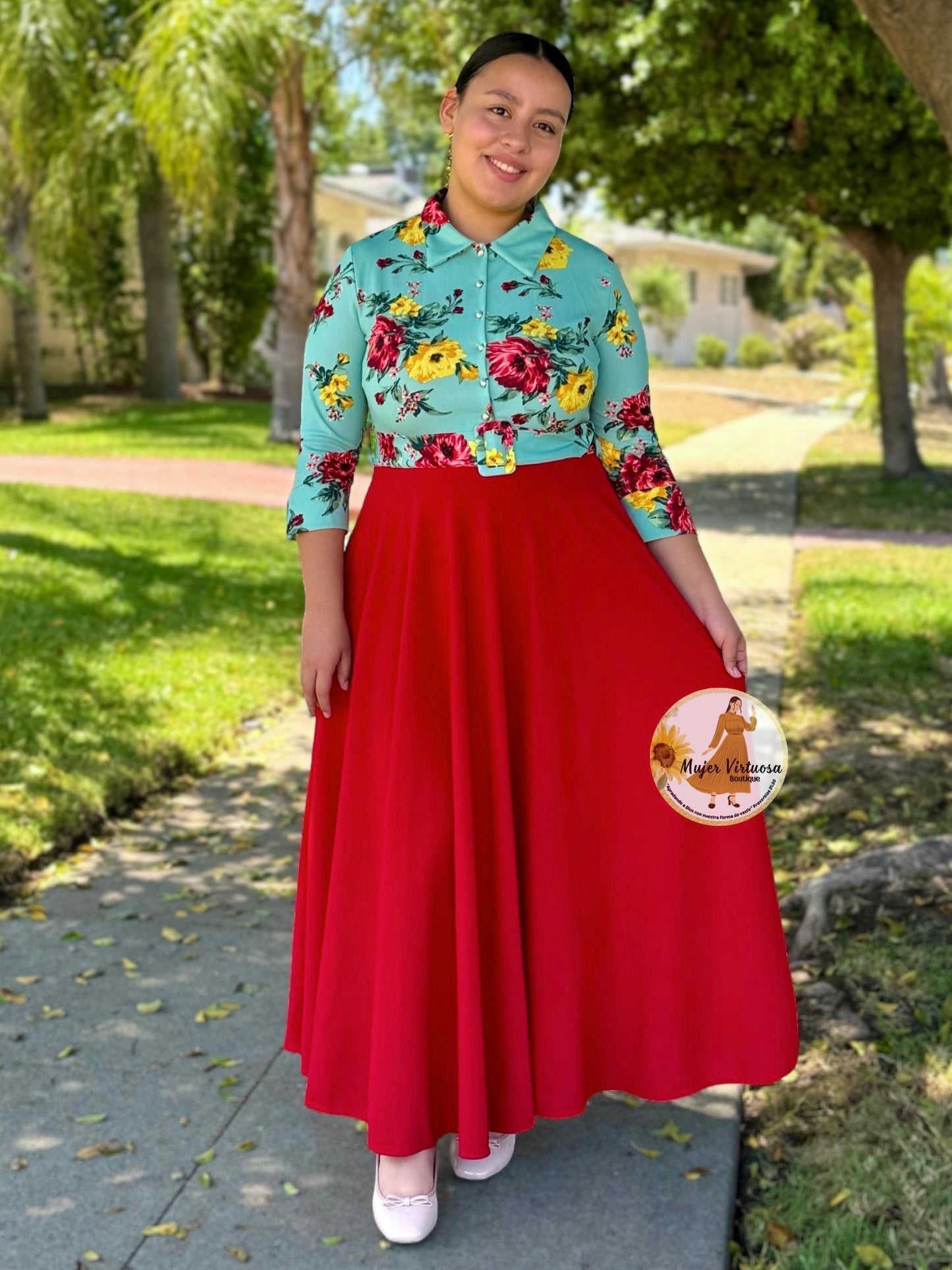 Hadassah Sage & Red Belted Floral Dress