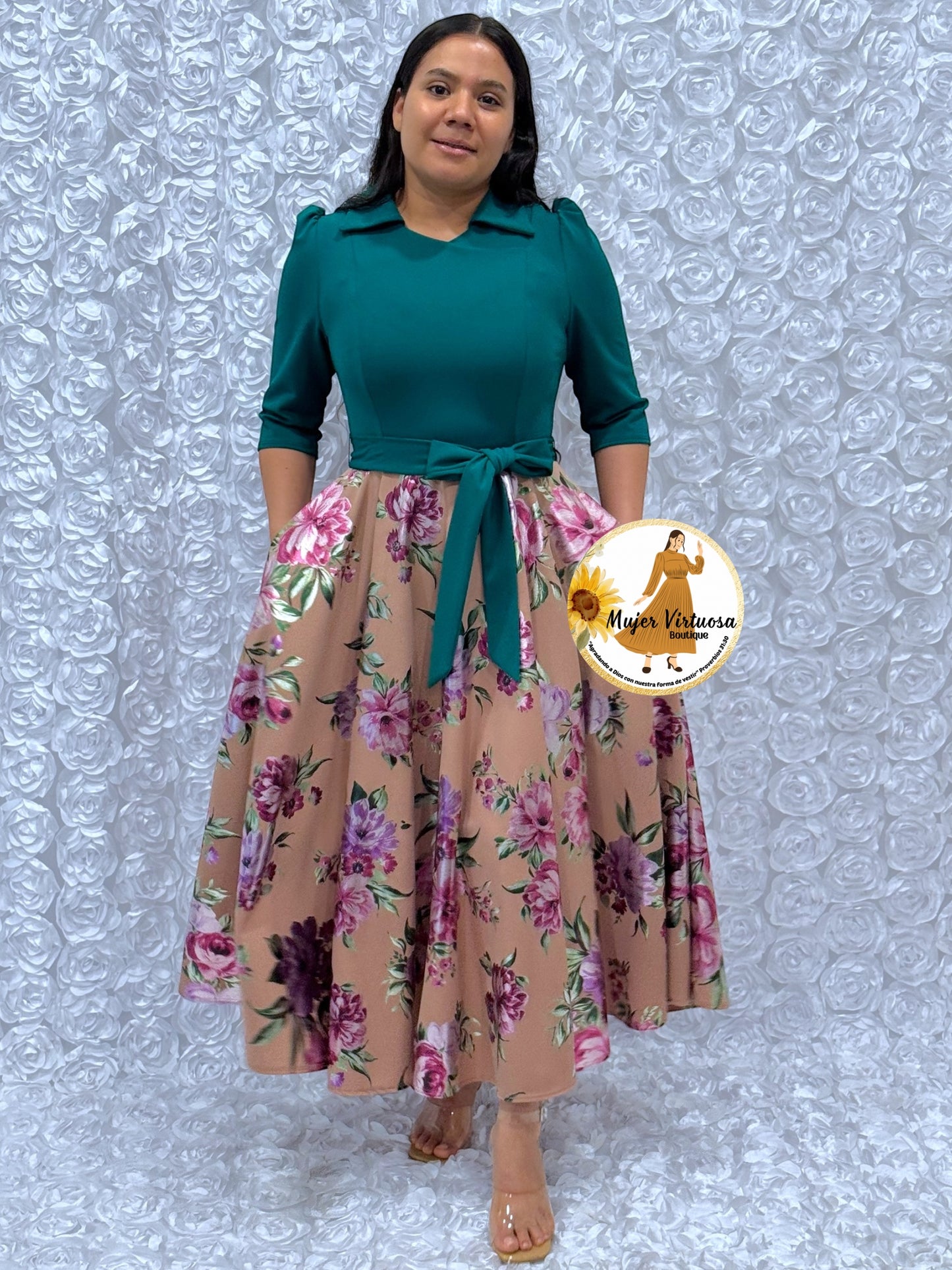 Green/Mocha Foil Floral Dress