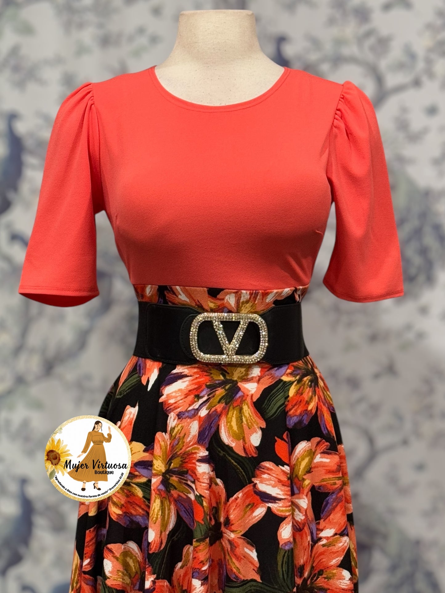 Eliana Coral & Black Floral Dress