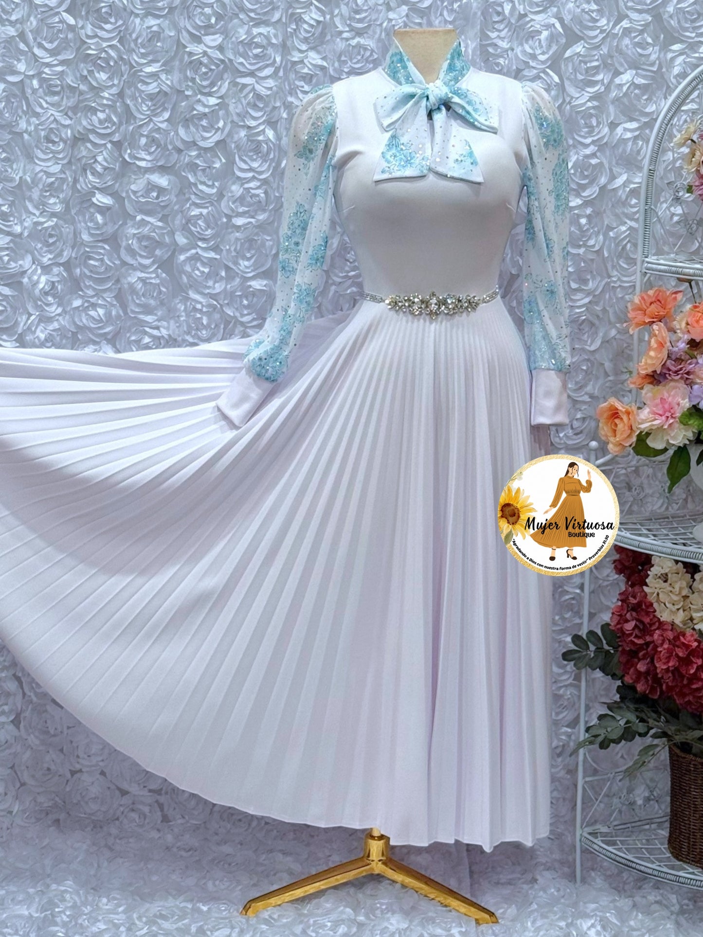 Brenda White & Aqua Dress