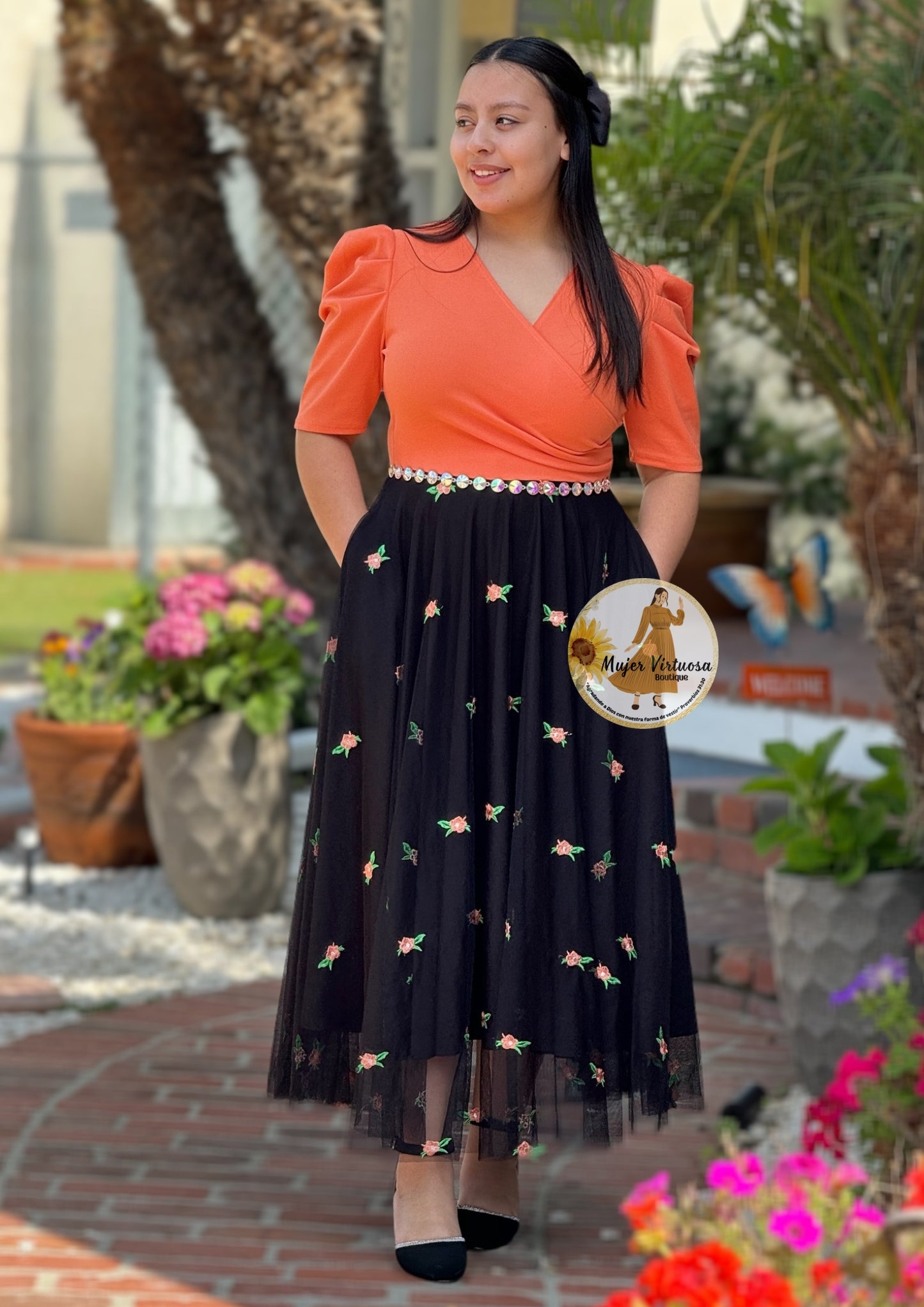 Tangerine & Black Floral Tulle Dress