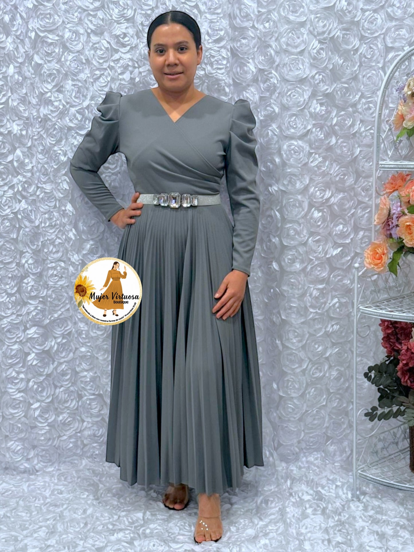 Yvette Grey Pleated Dress