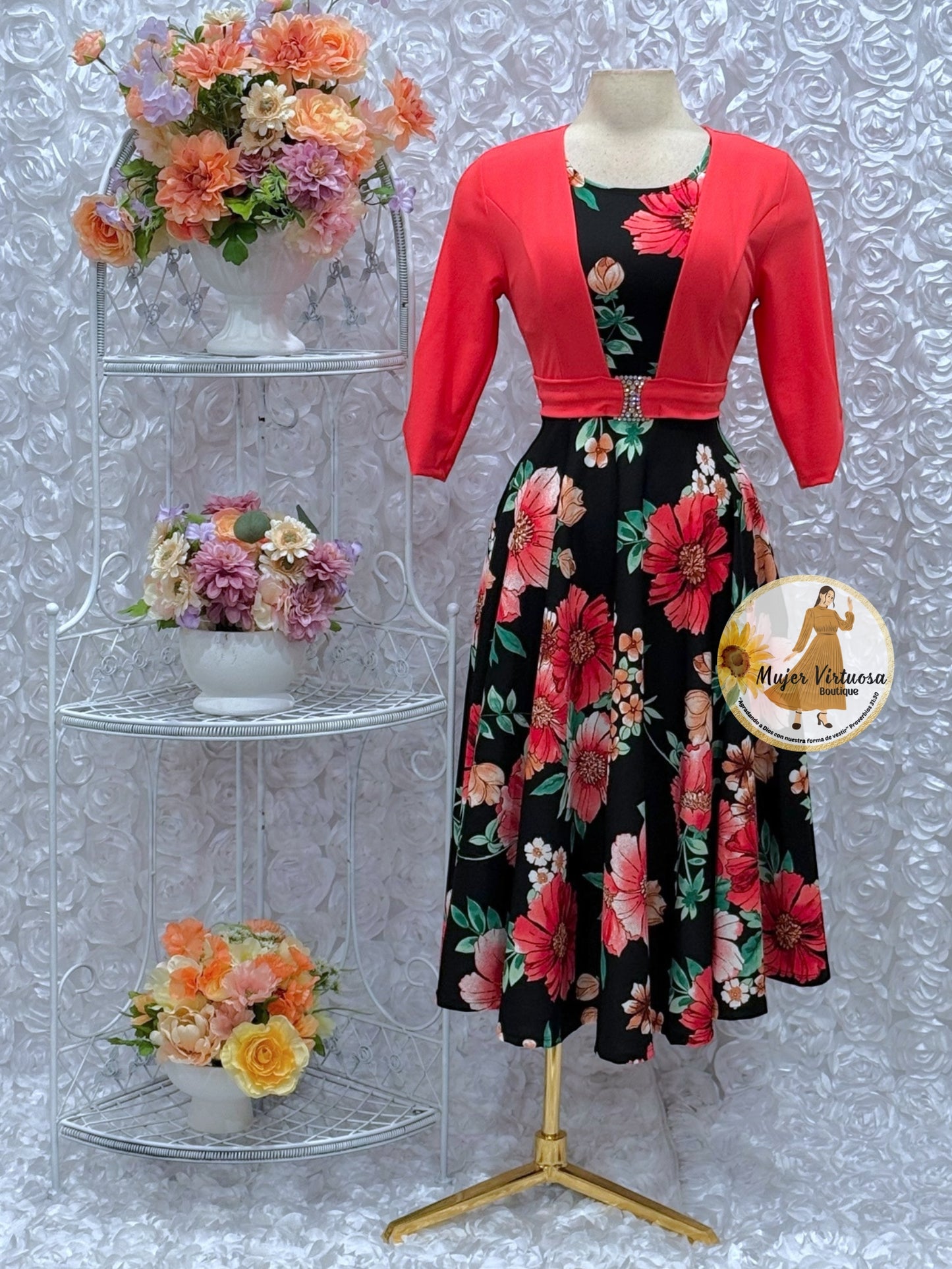 Coral/Black Floral Midi Dress