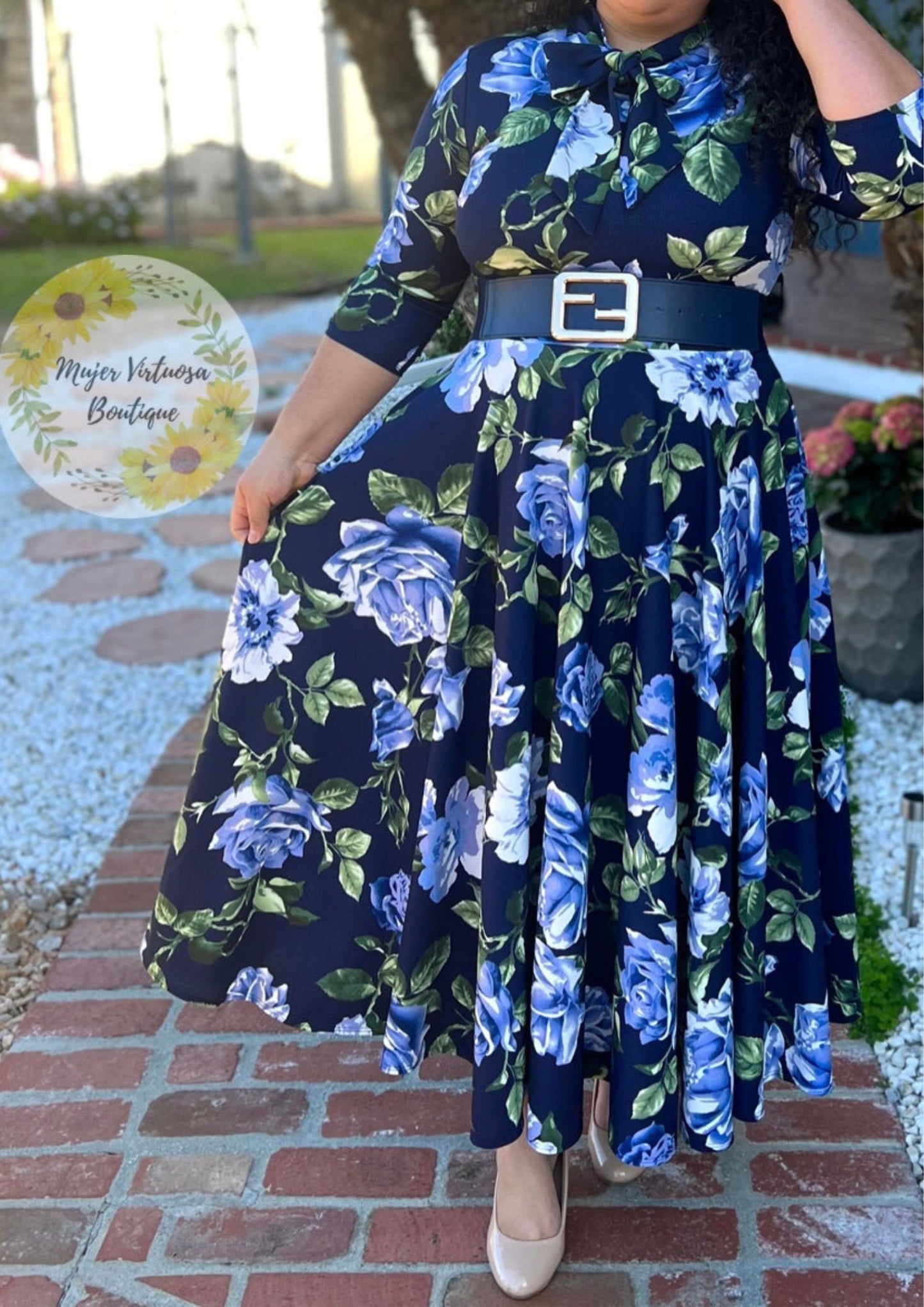 Navy Blue Roses Maxi Dress