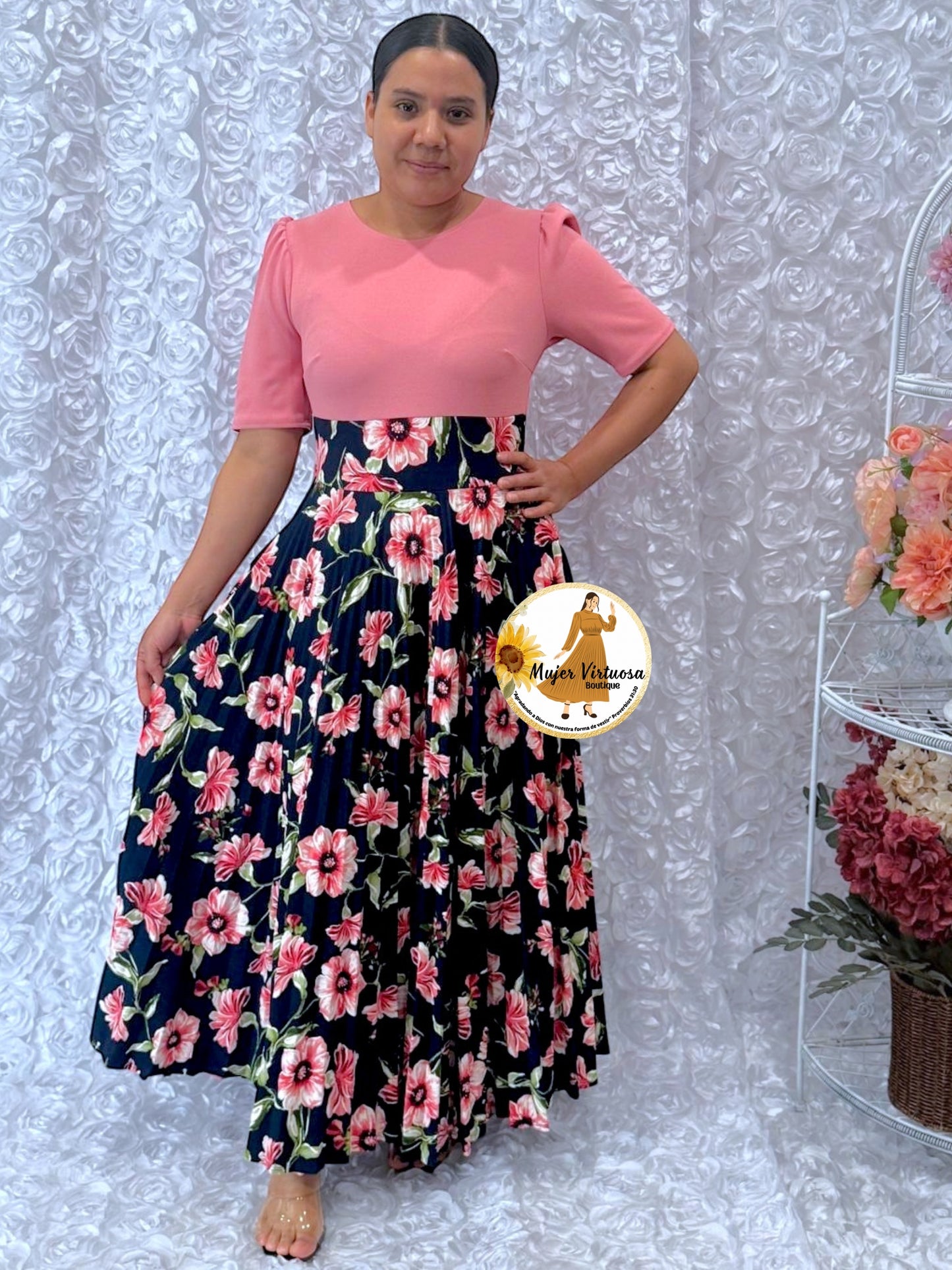 Eliana Pink & Navy Pleated Dress