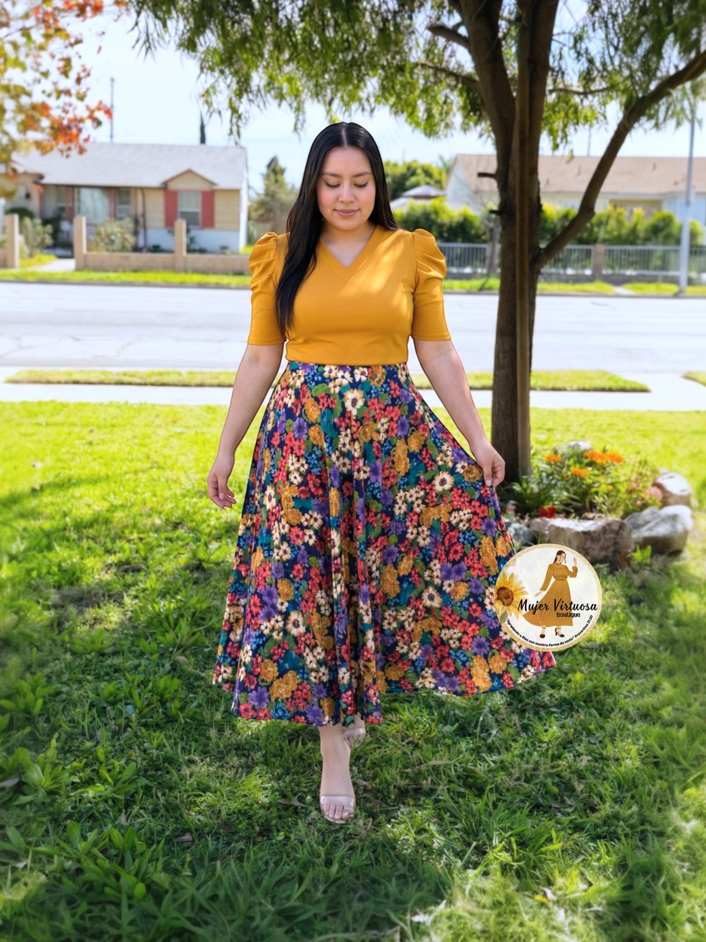 Susan Mustard & Navy Floral Dress