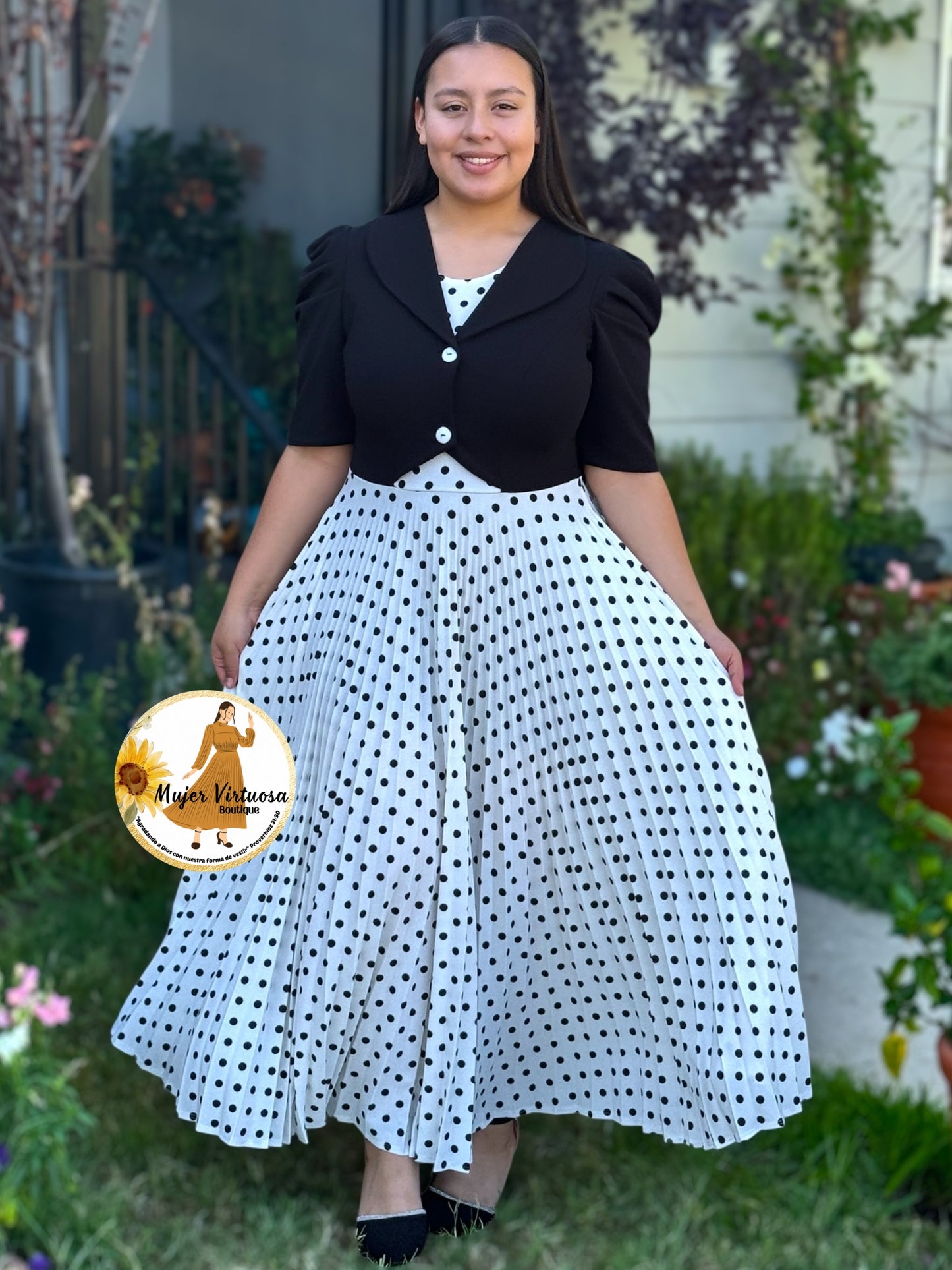 Esther White Polka Dot Pleated Dress