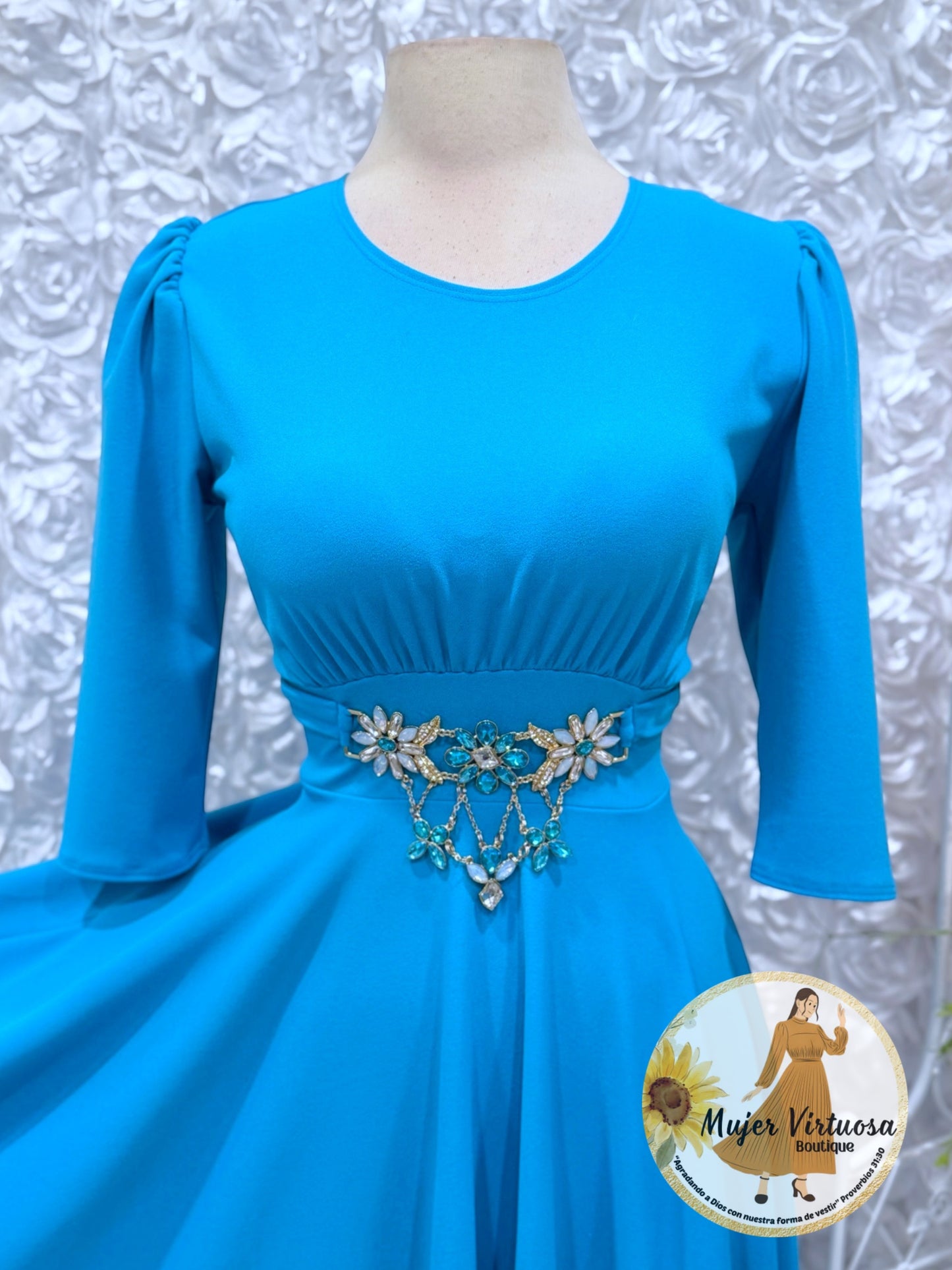 Amira Aqua Elegant Belted Dress