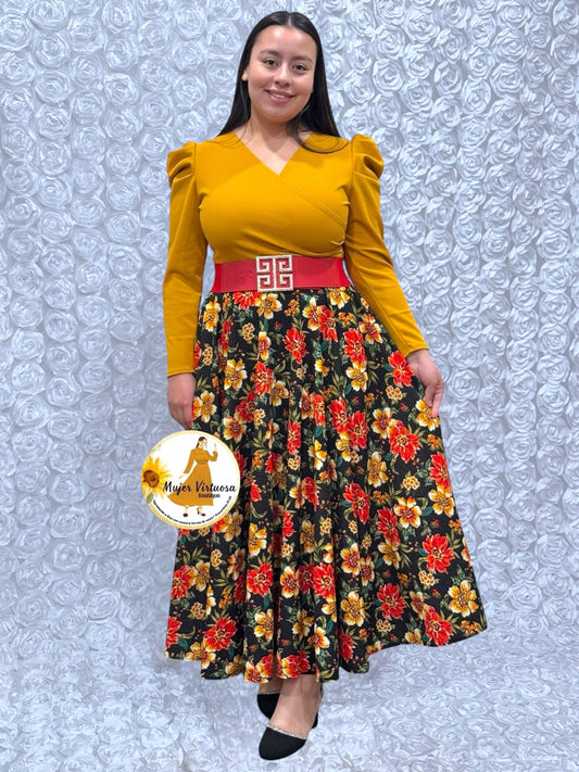 Larissa Mustard/Black Floral Dress