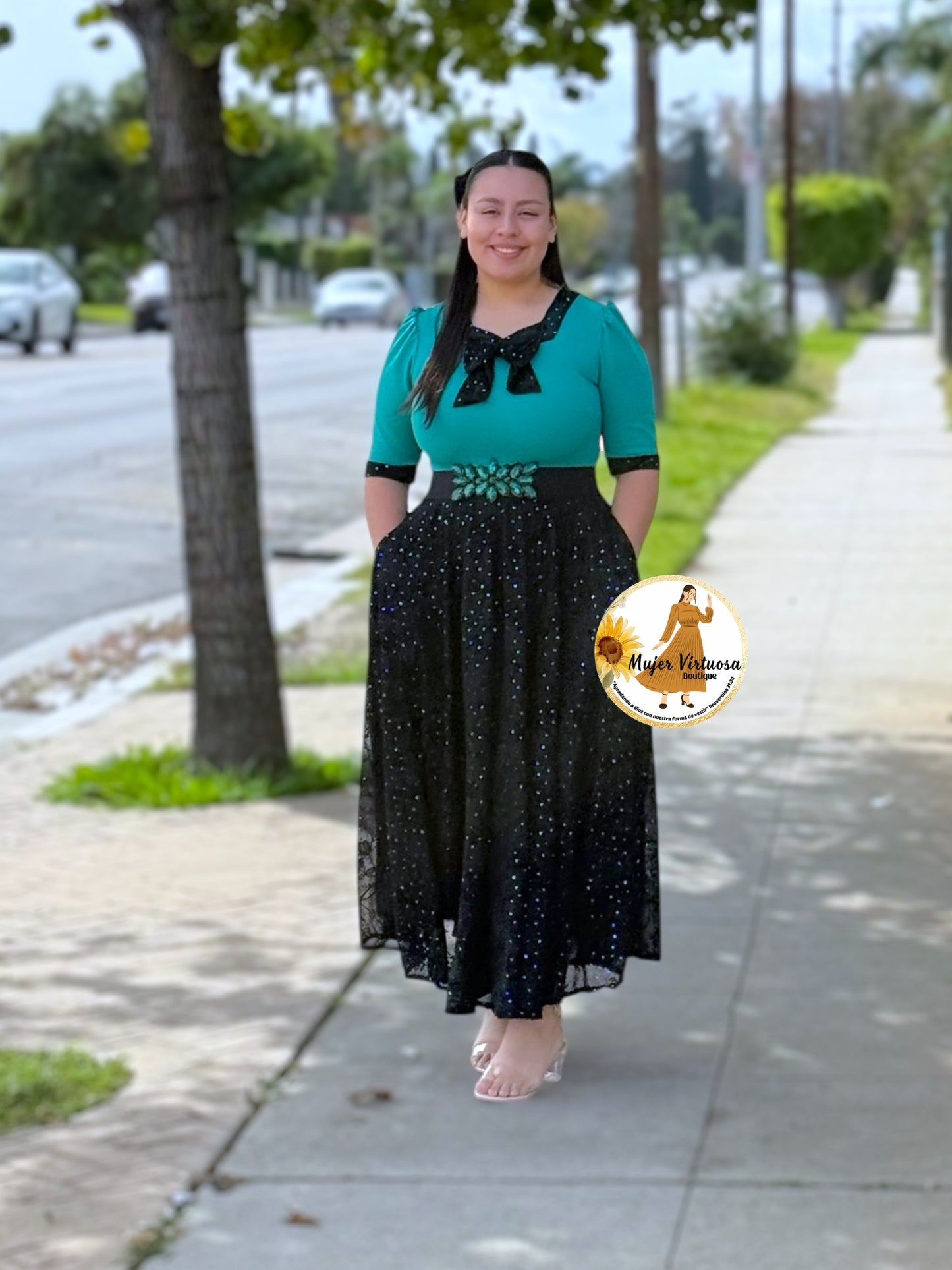 Madelyn Turquesa Mesh Bow Dress