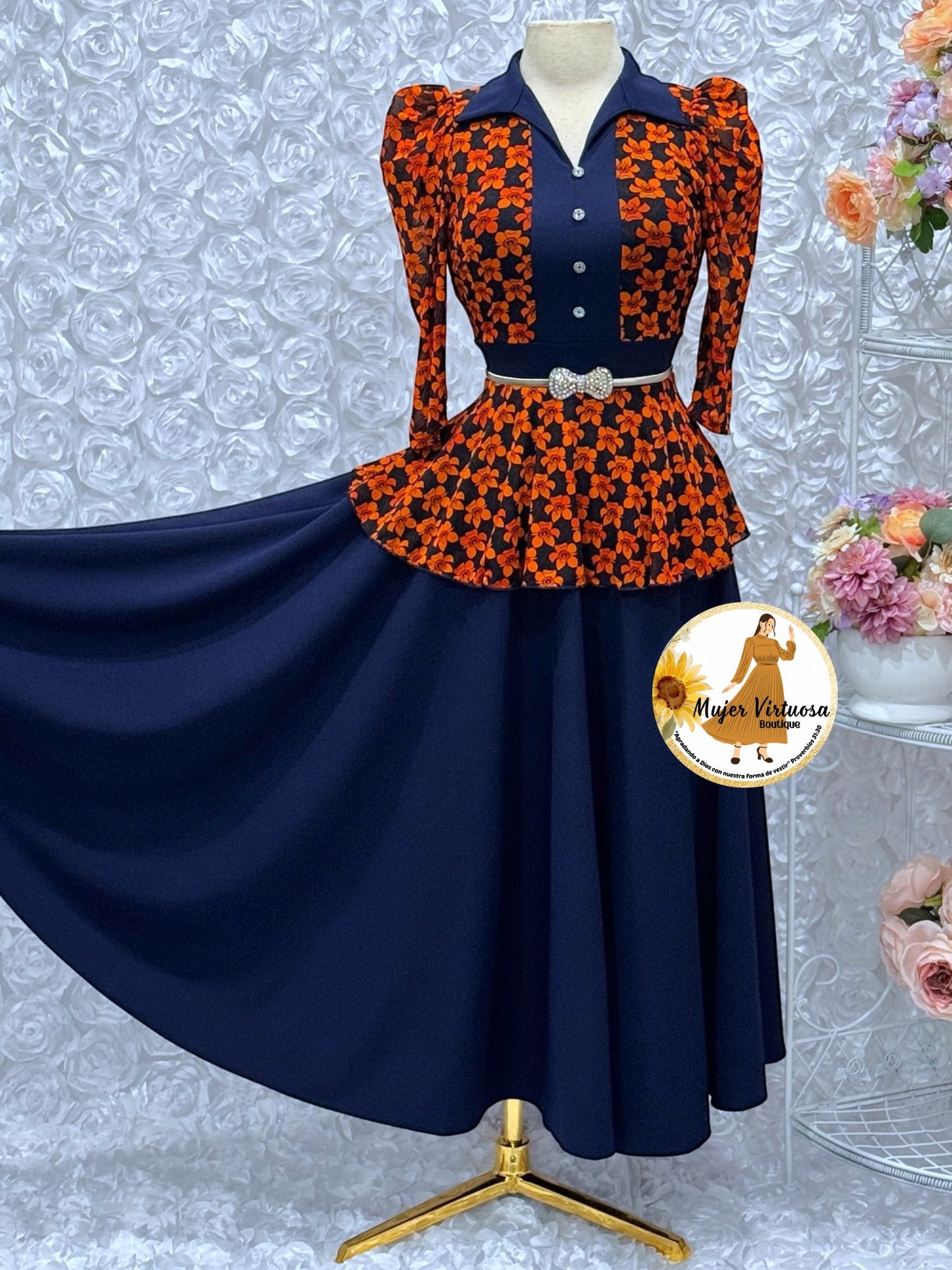 Analy Navy/Orange Floral Dress