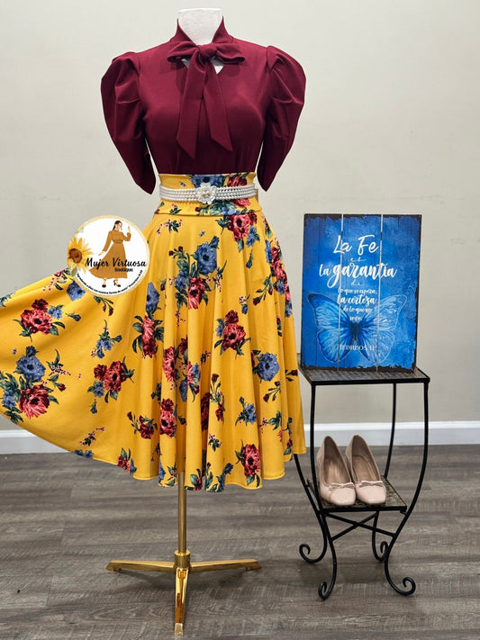 Amber Yellow Floral Midi Skirt