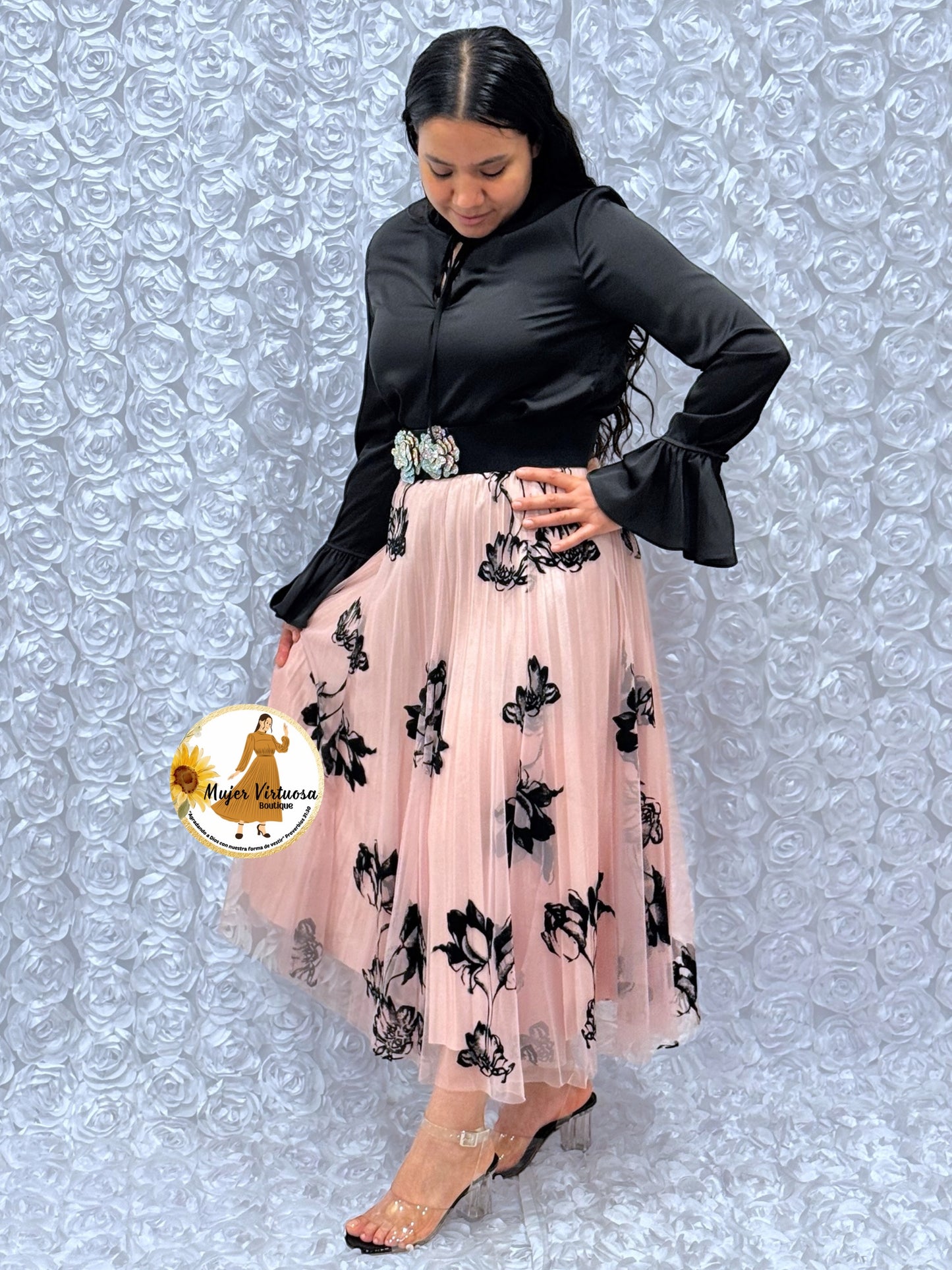 Pink Floral Mesh Midi Skirt