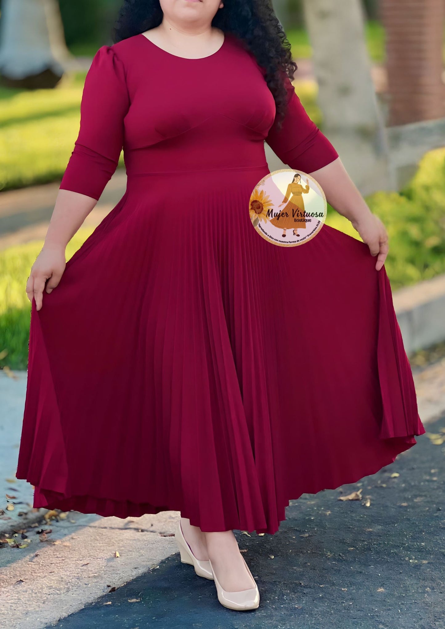 Cristel Burgundy Pleated Maxi Dress