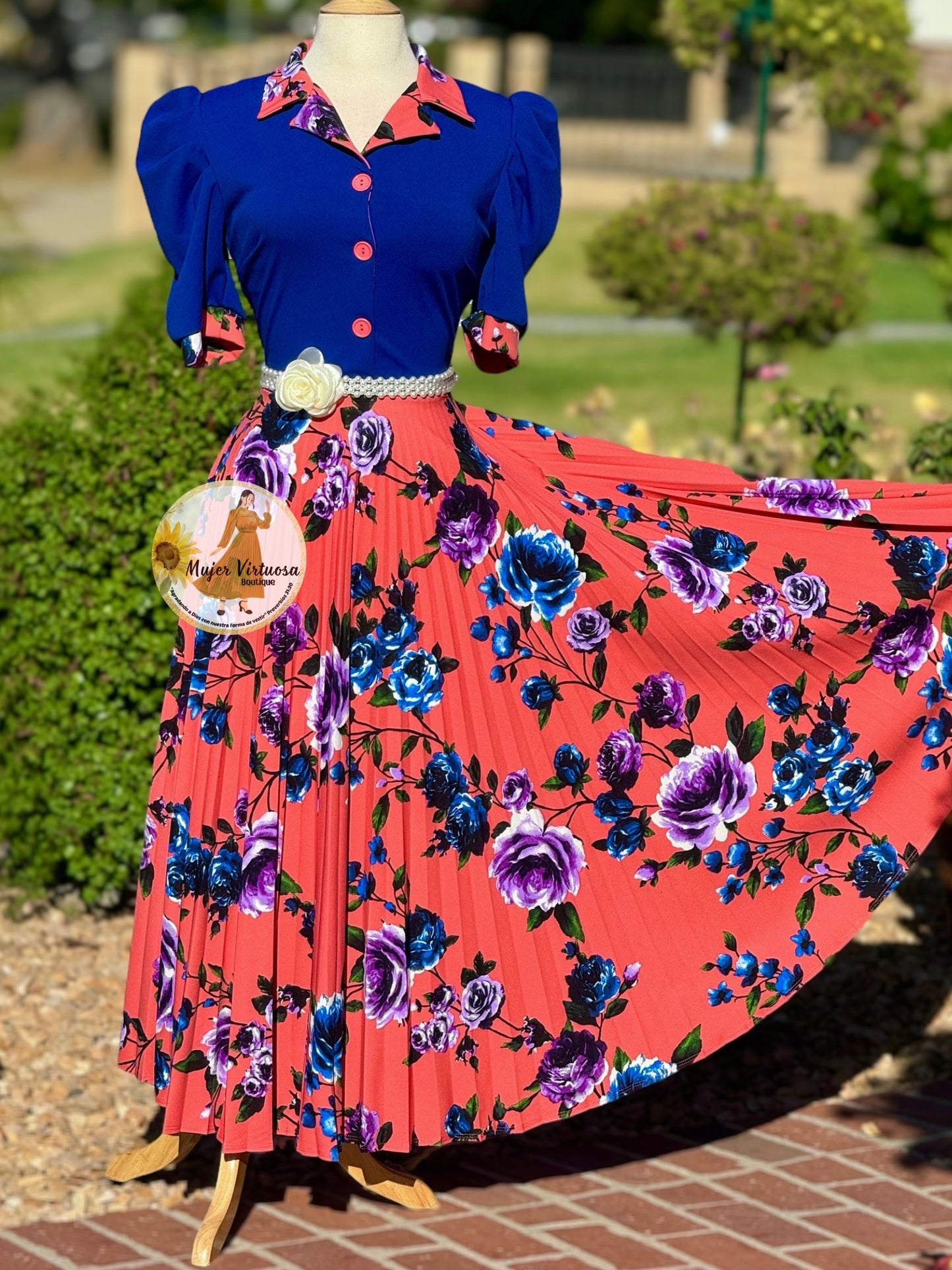 Samara Royal Blue Pleated Floral Dress