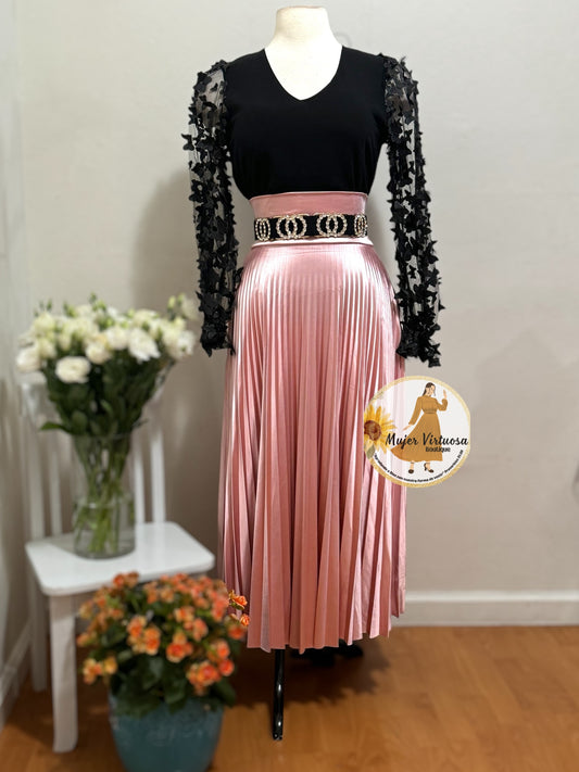 Rose Pink Satin Pleated Skirt