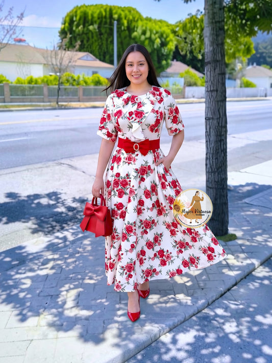 White & Red Roses Dress