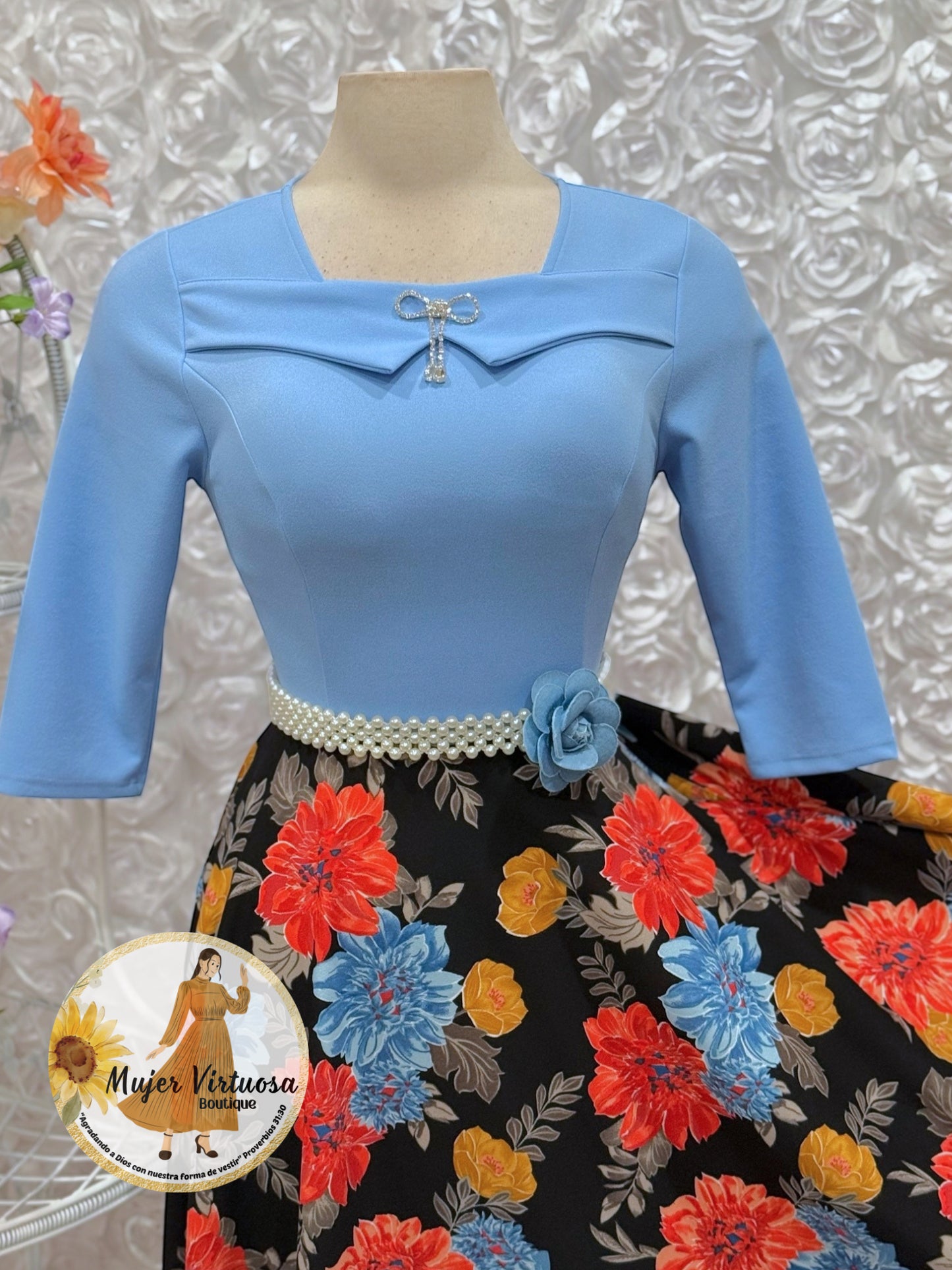 Alma Sky Blue/Black Floral Dress