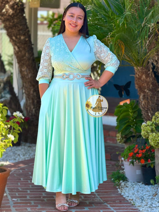 Charlotte Mint Green Satin Elegant Dress