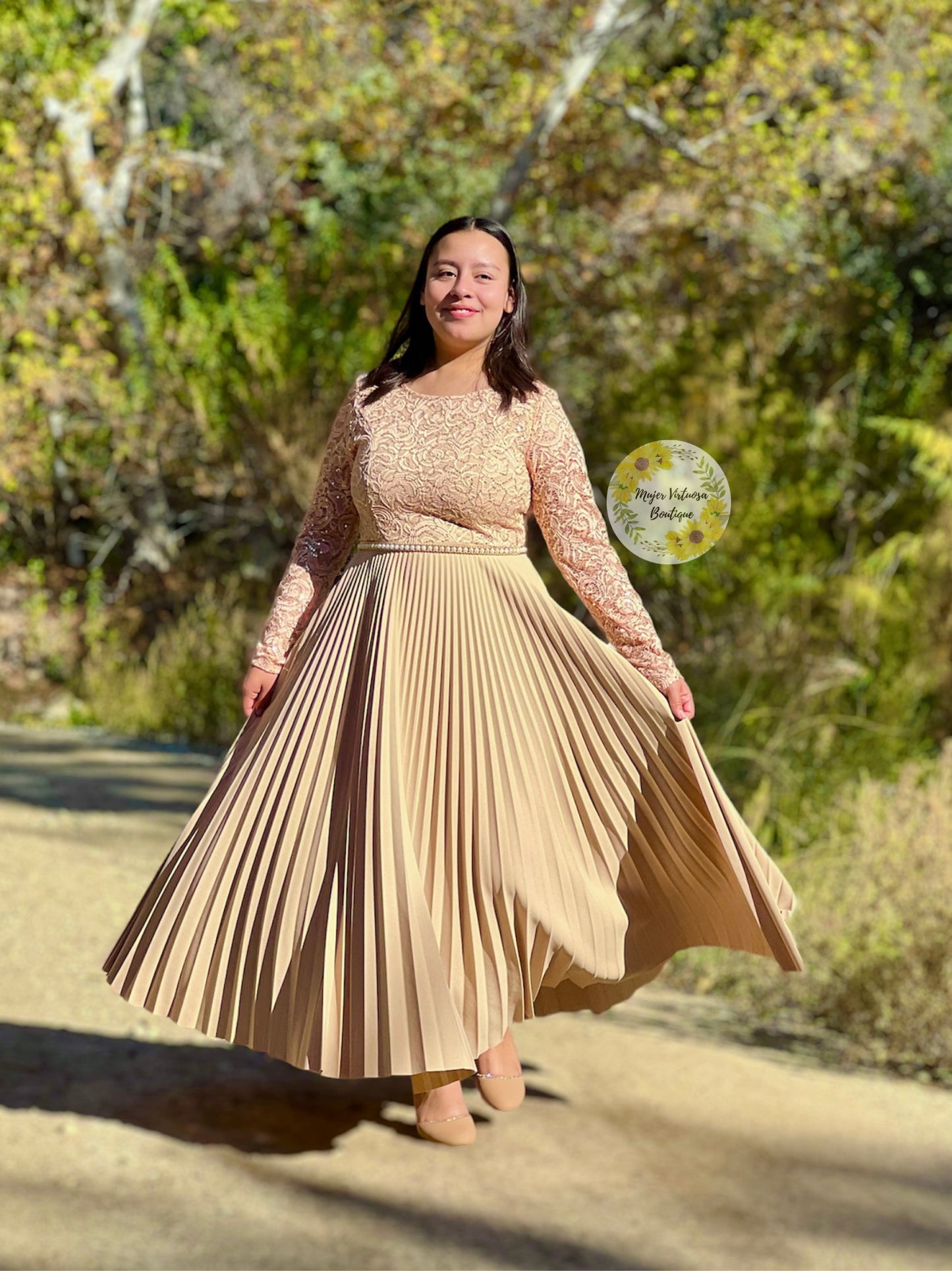 Alida Elegant Beige Pleated Dress