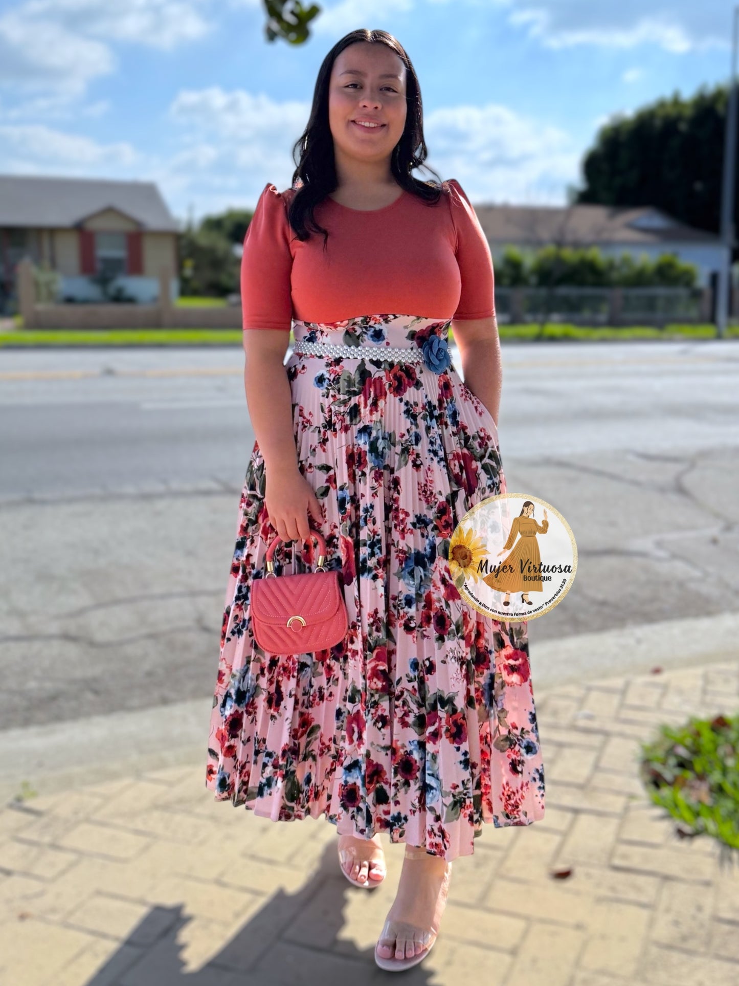 Eliana Rust & Pink Pleated Dress