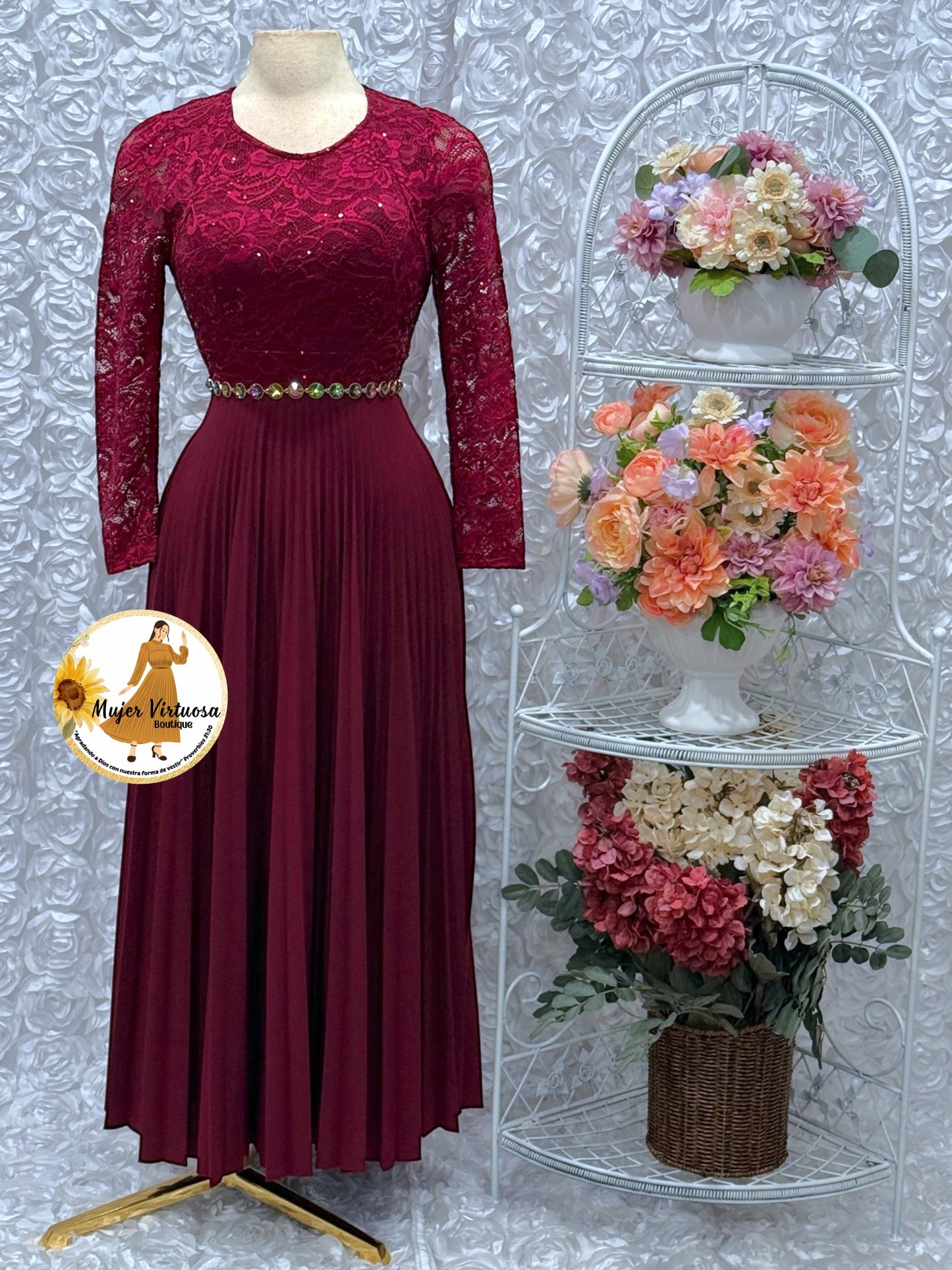 Arely Burgundy Lace & Crepe Dress