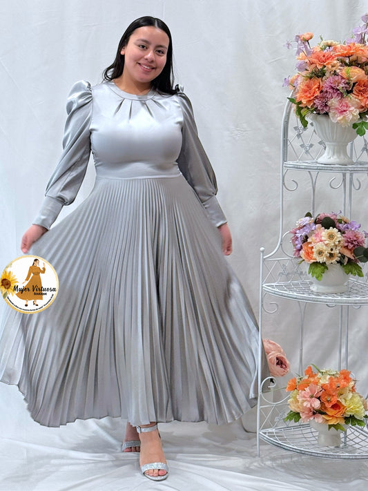 Litzy Silver Grey Satin Pleated Dress