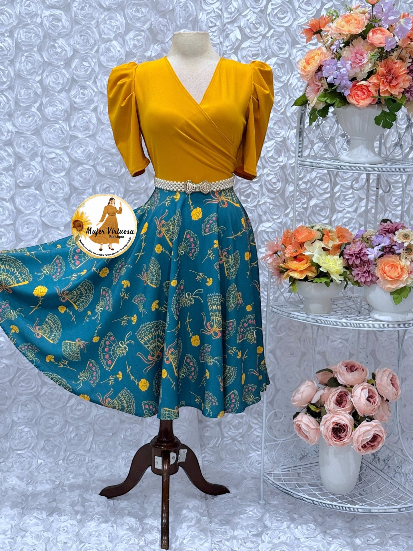 Mustard & Teal Floral Midi Dress