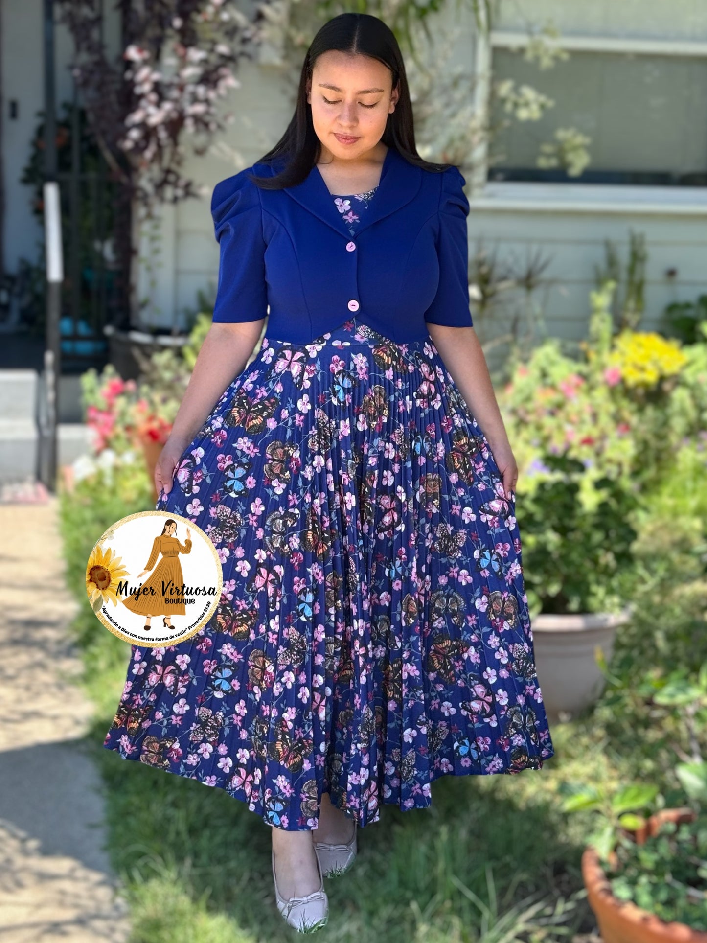 Esther Blue Butterfly Pleated Dress