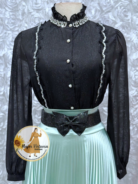 High Neck Collar Black Blouse