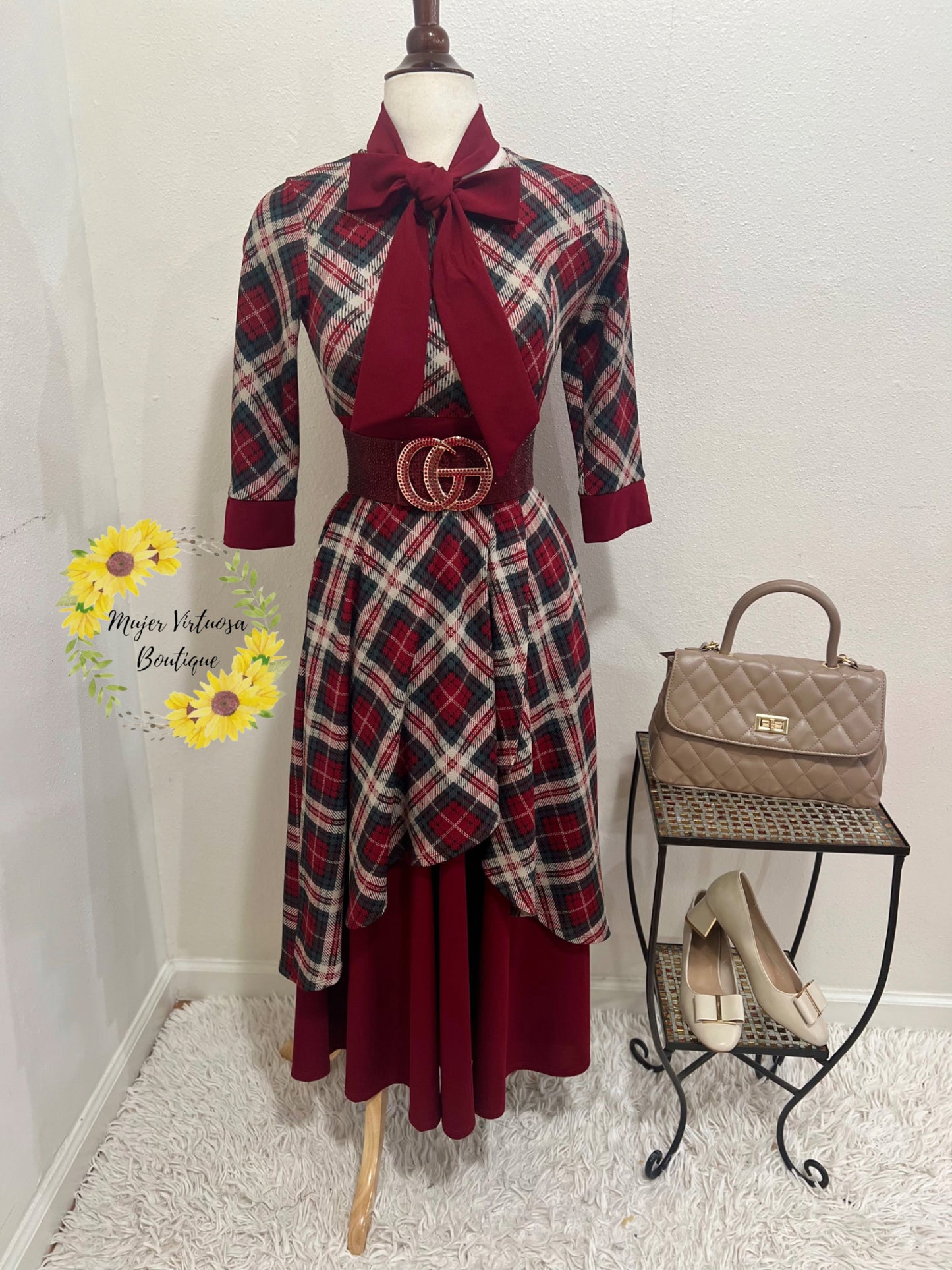 Oriana Burgundy Vintage Plaid Dress