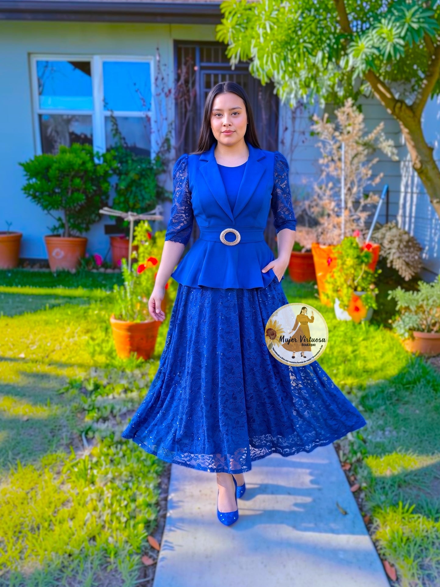 Mayra Royal Blue Crepe & Lace Dress