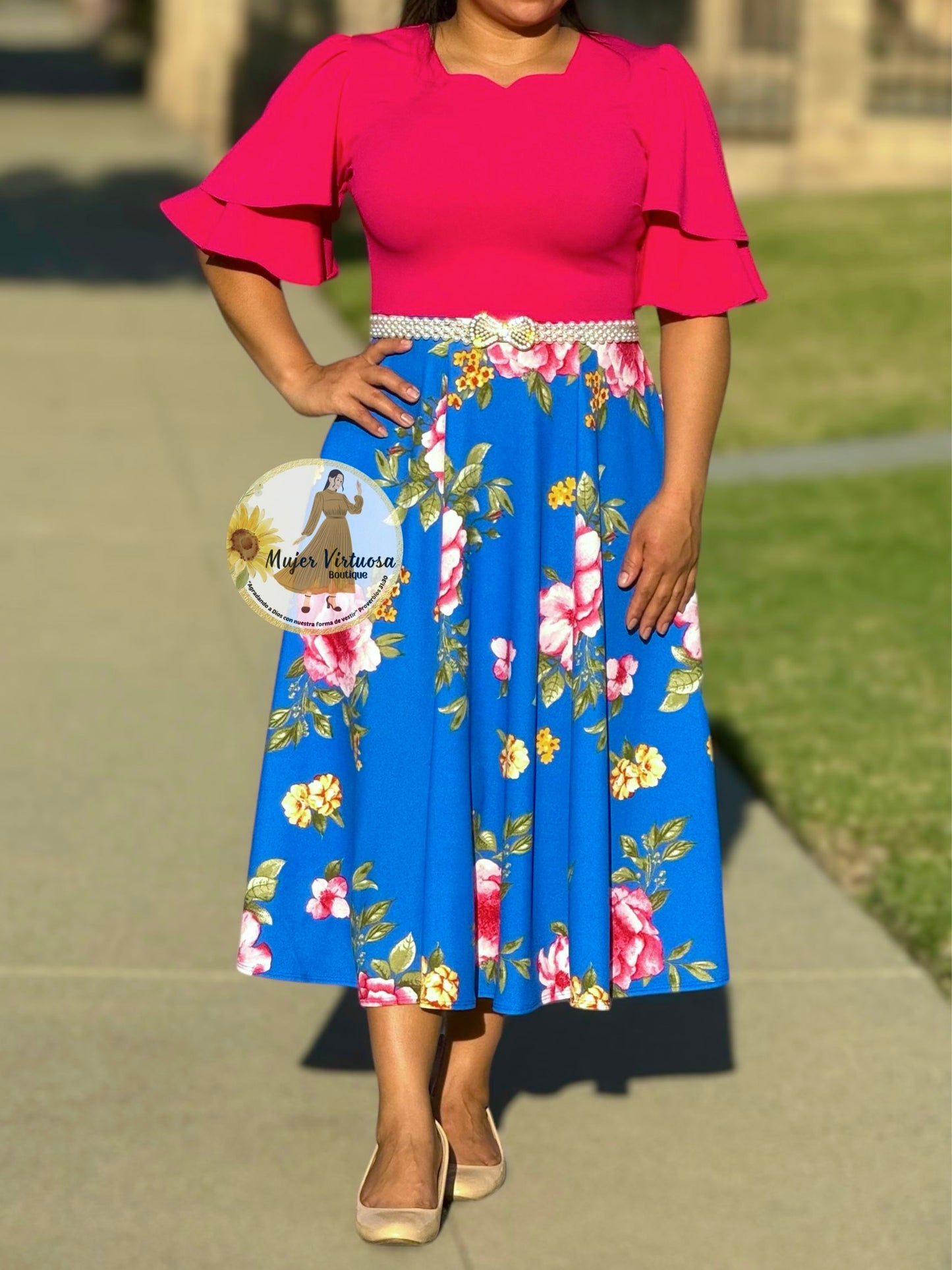 Fucsia & Royal Blue Floral Midi Dress