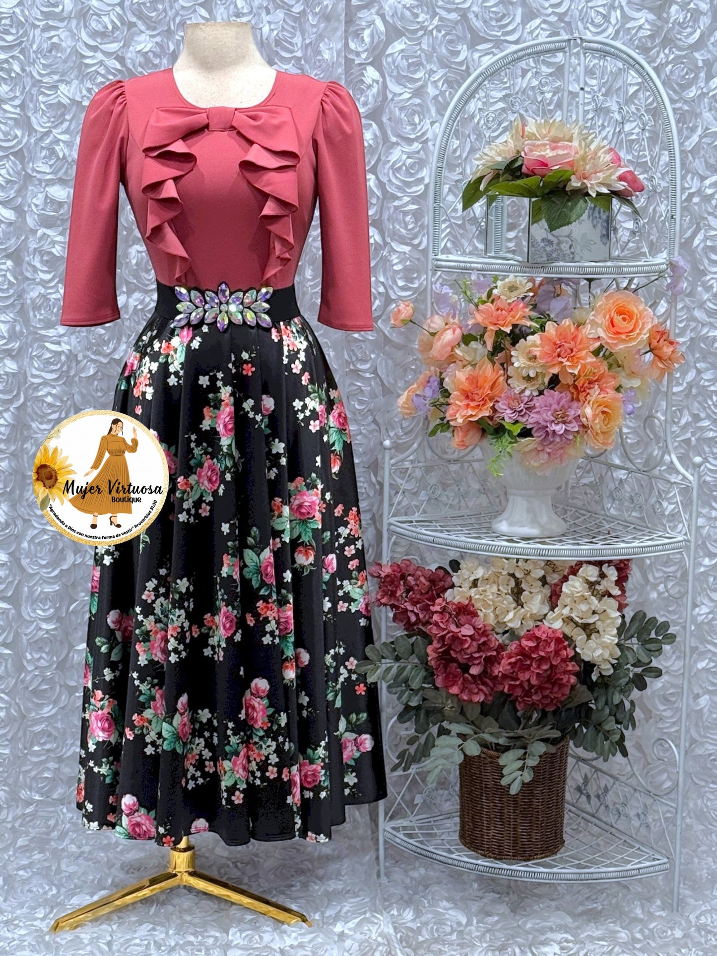 Alexa Mauve & Black Floral Satin Dress