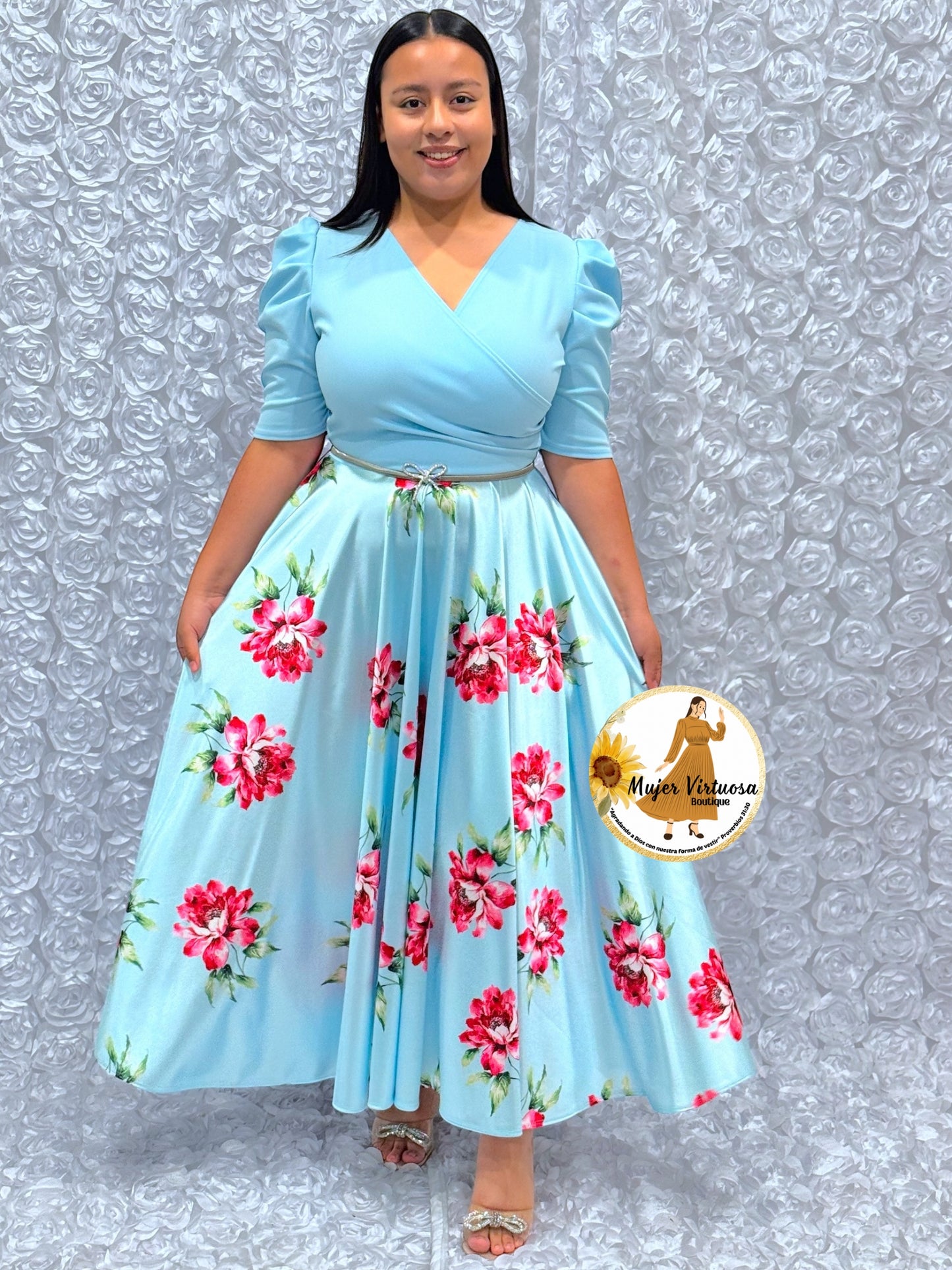 Susan Sky Blue Floral Satin Dress