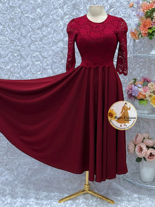 Lisa Burgundy Lace Top Dress