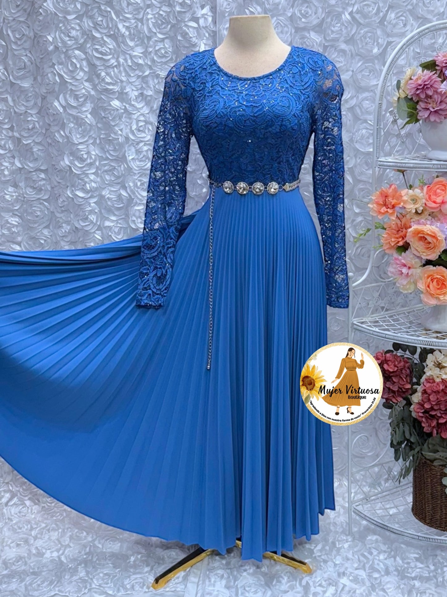 Alida Blue Pleated Lace Dress