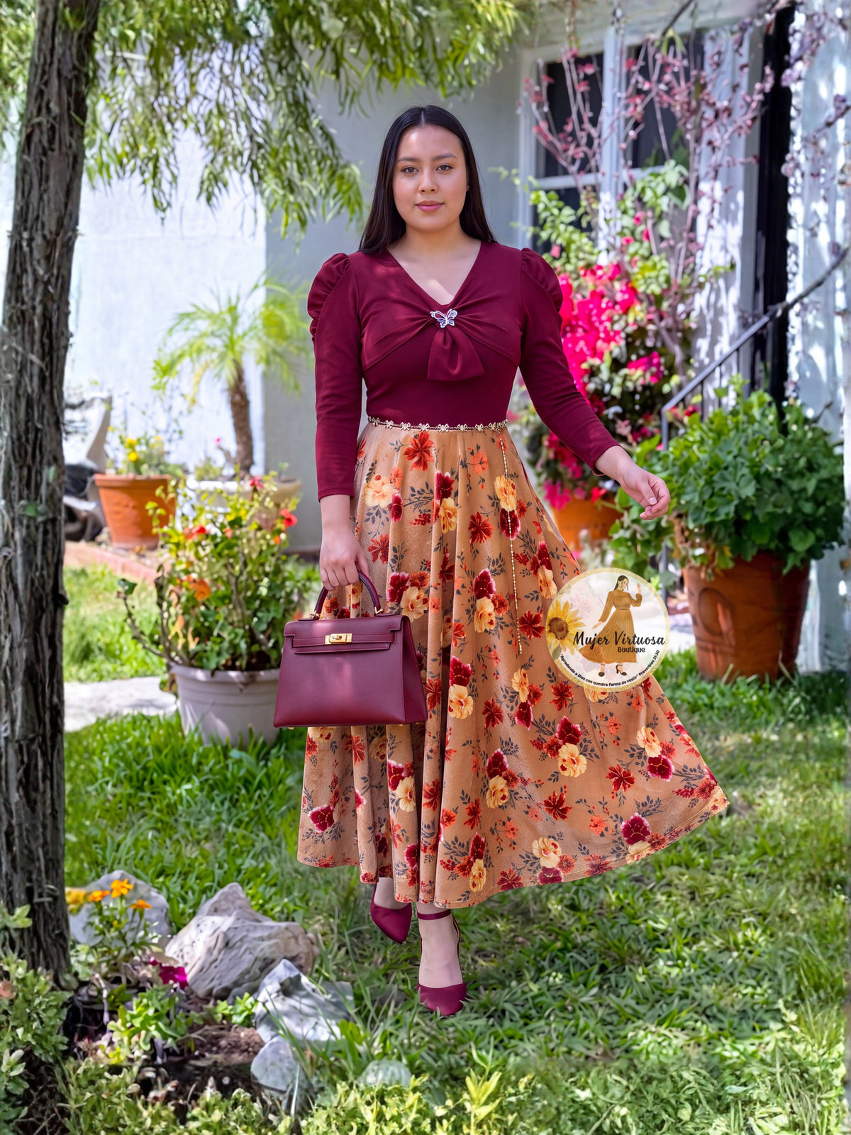 Berenice Wine Velvet Floral Dress