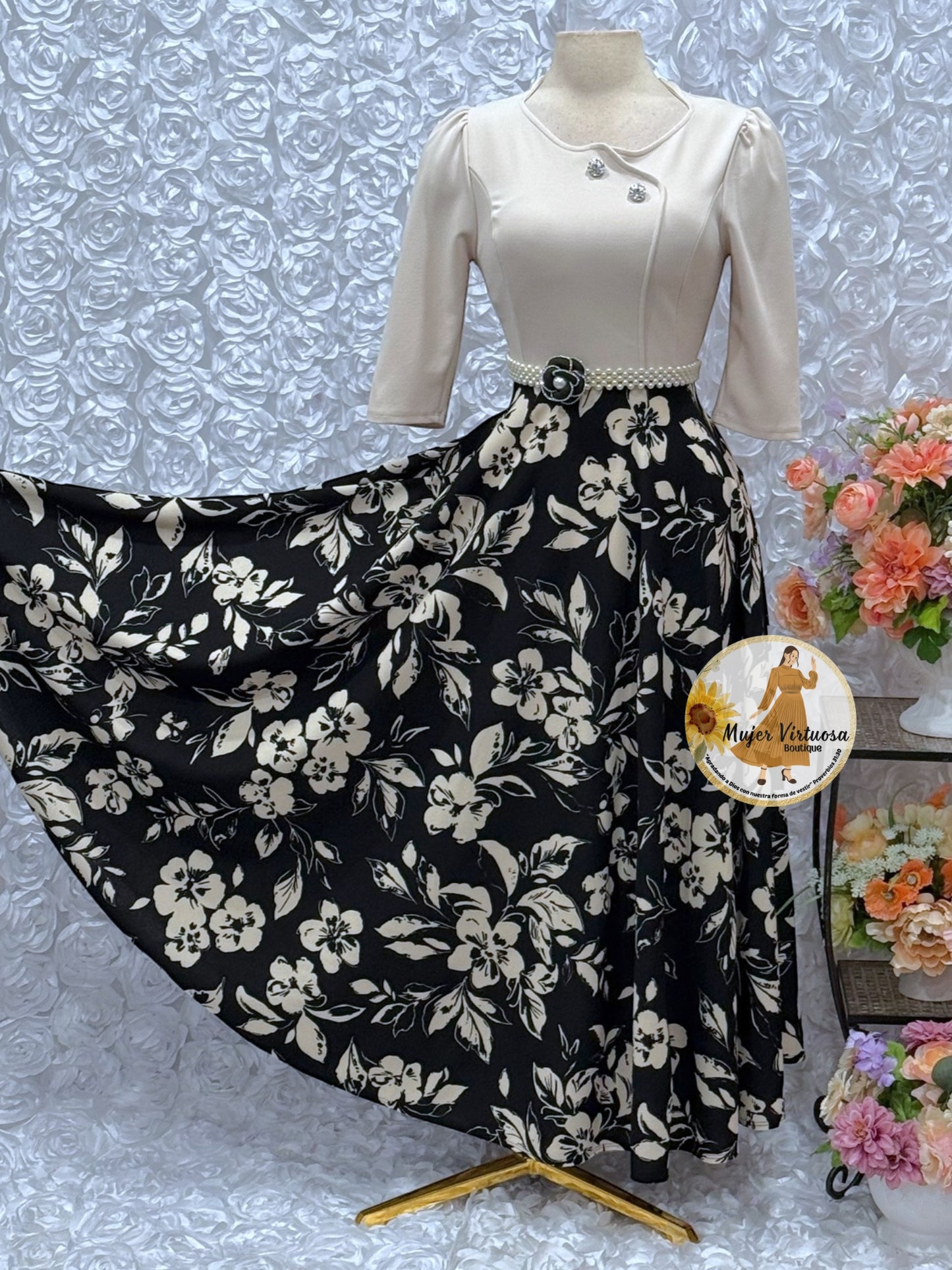 Celeste Beige/Black Floral Dress