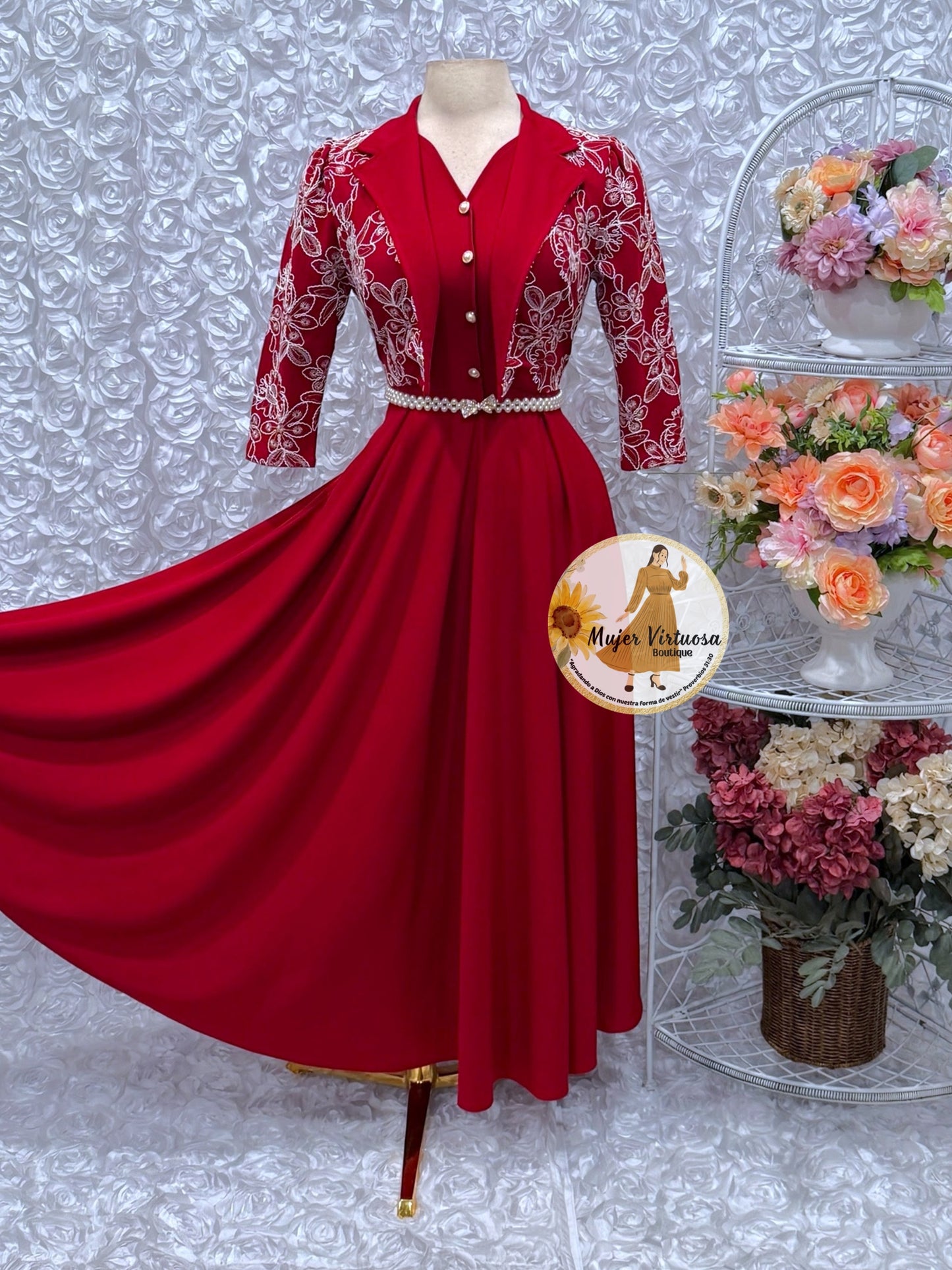 Linda Ruby Embroidered Dress