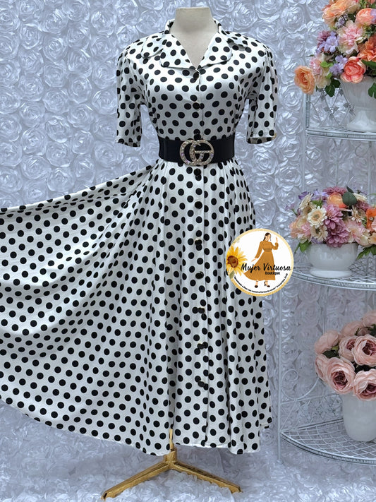 Jimena White Polka Dot Satin Dress