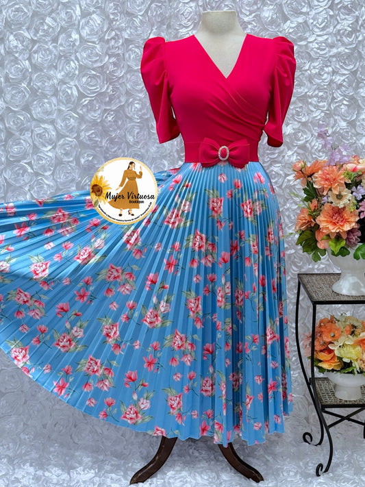 Fucsia/Blue Crepe & Satin Pleated Dress