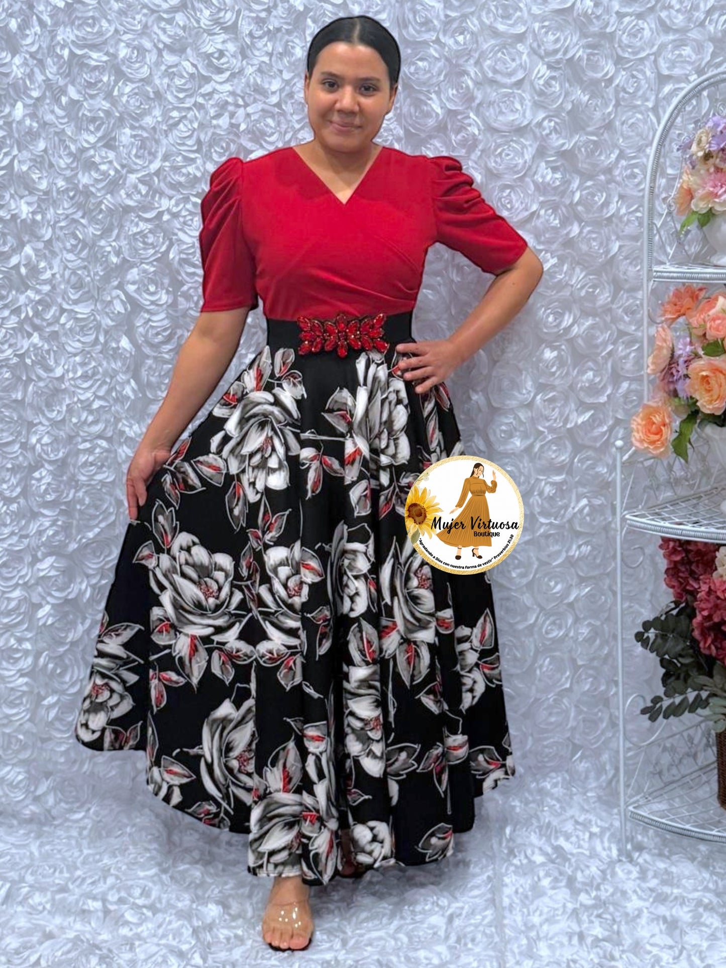 Susan Red & Black Roses Dress